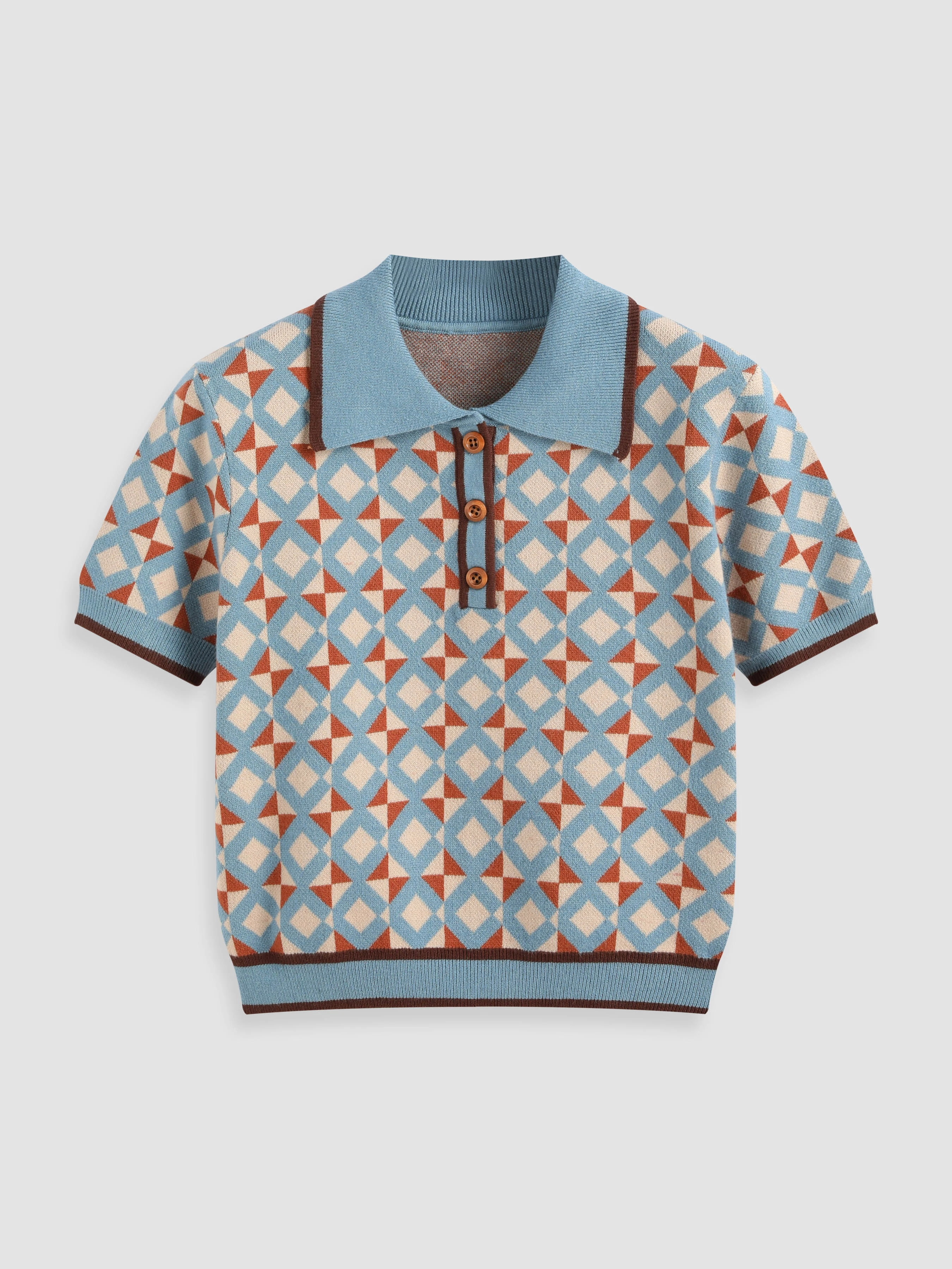 Knit Collar Geometric Button Short Sleeve Top