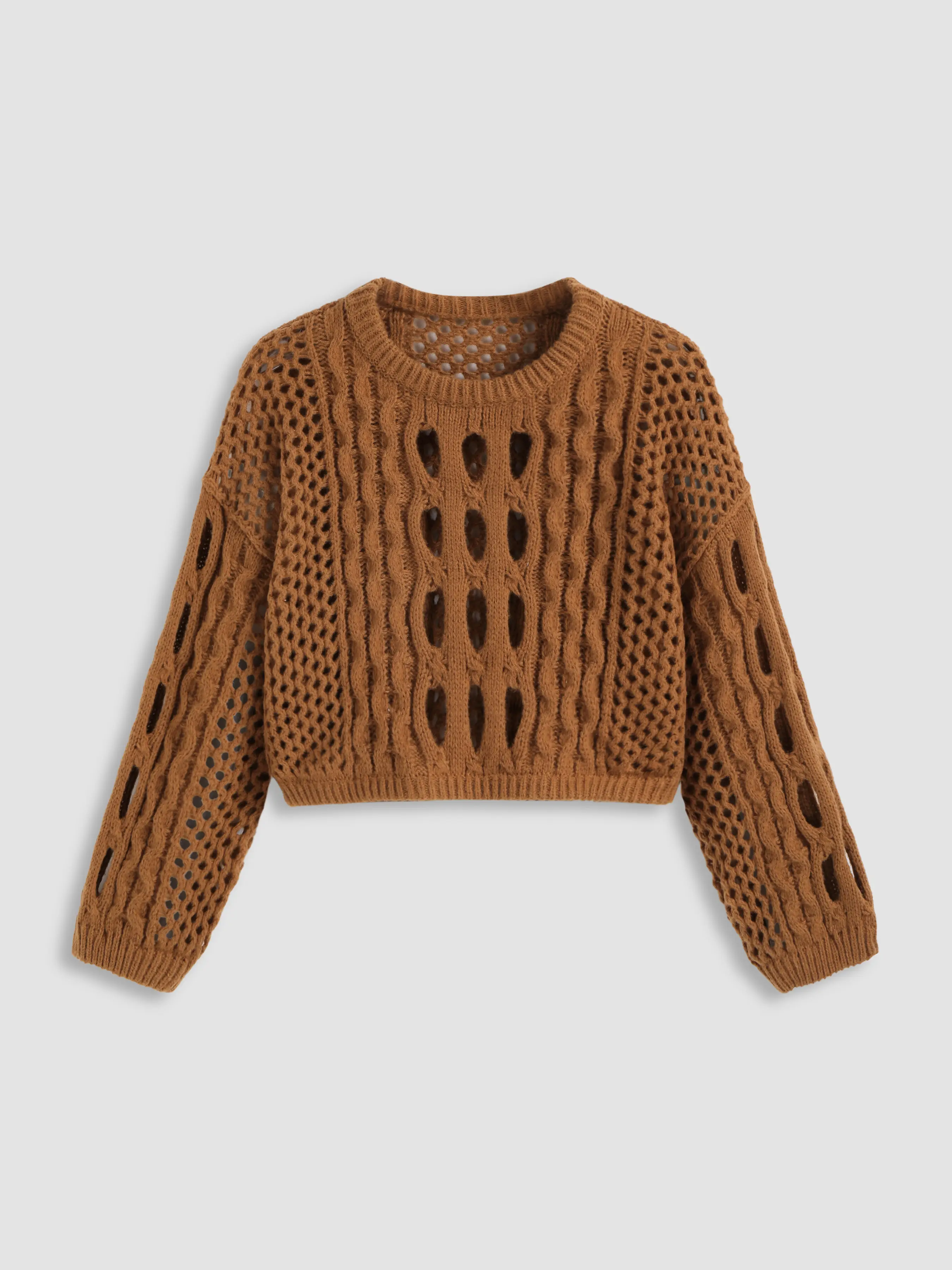 Knit Round Neckline Hollow Out Long Sleeve Crop Top Curve & Plus