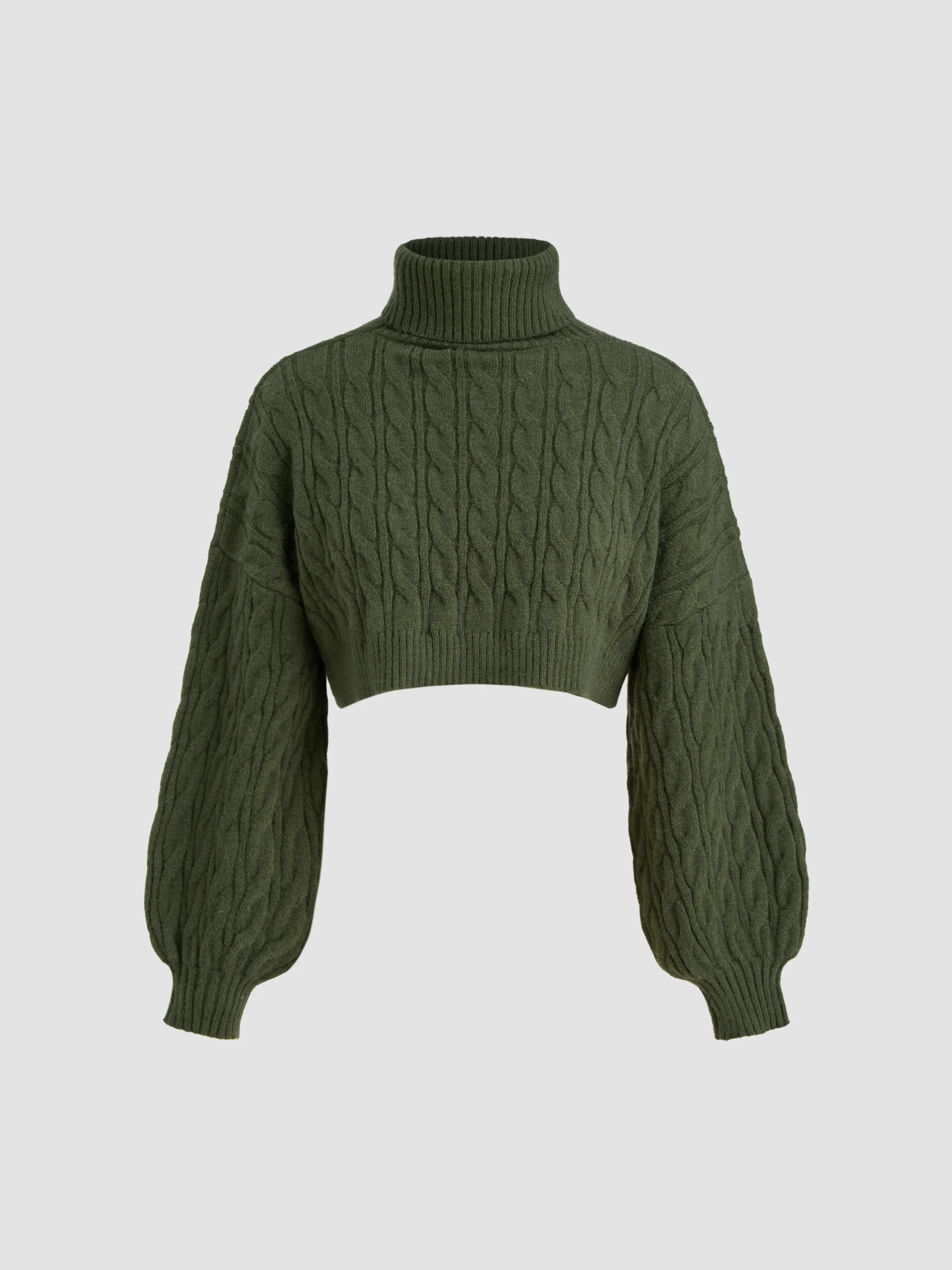 Cable Knit Turtleneck Solid Long Sleeve Crop Top