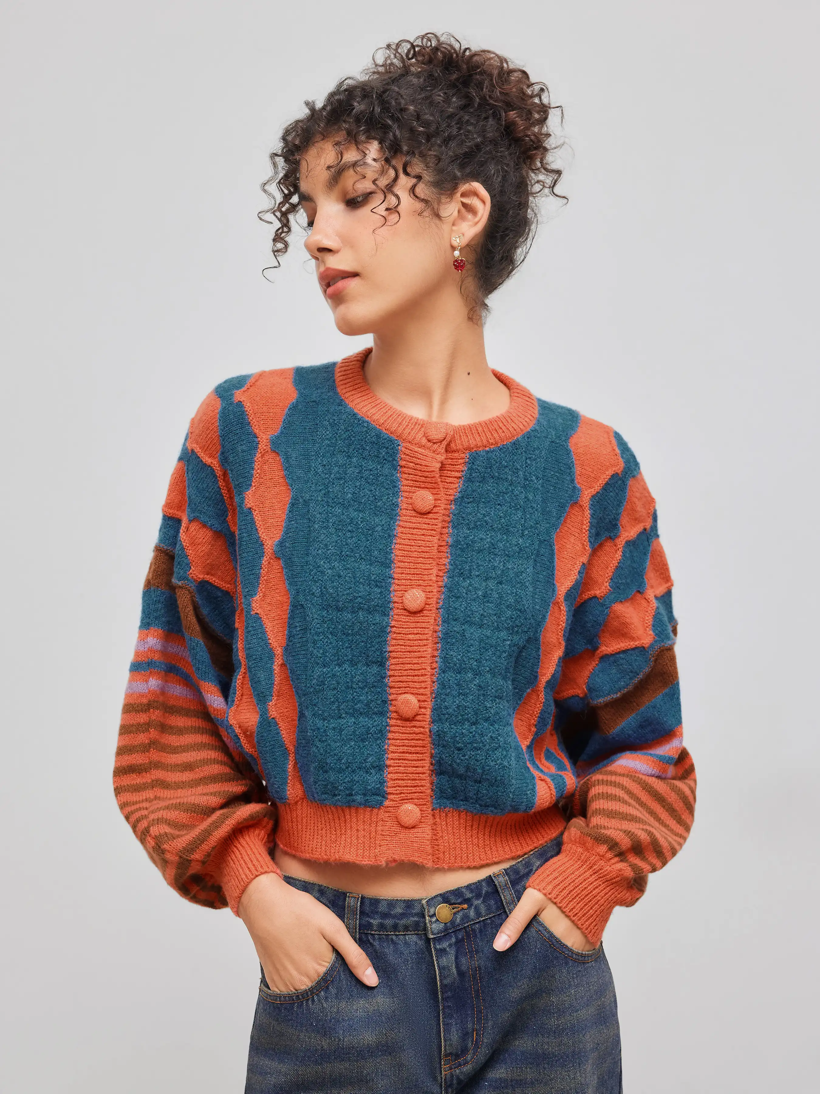Knit Round Neckline Striped Geometric Cardigan