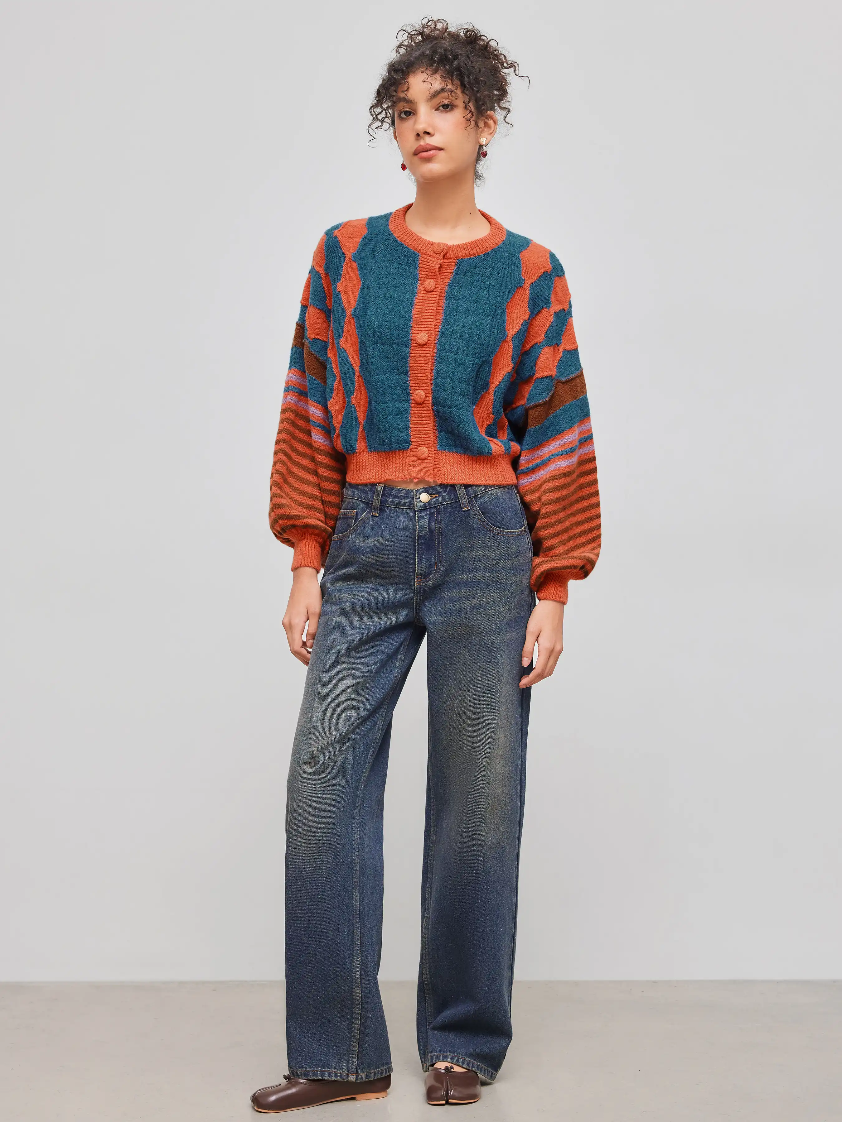 Knit Round Neckline Striped Geometric Cardigan