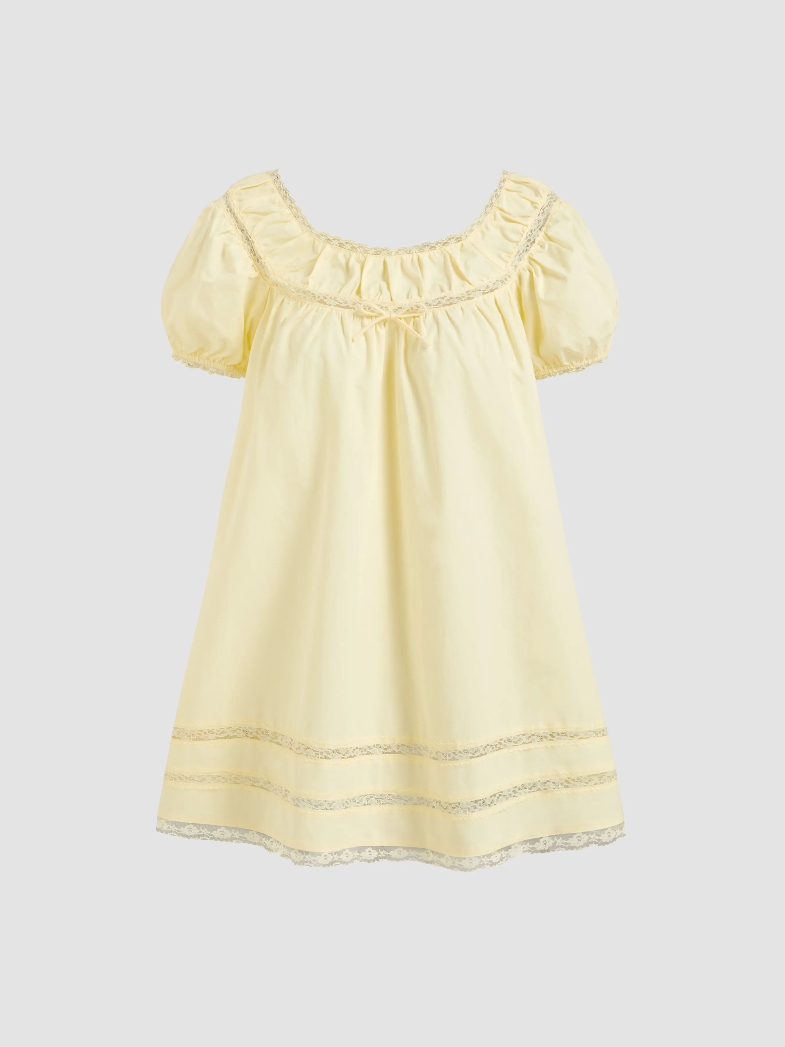 100% Cotton Lace Trim Bowknot Puff Sleeve Mini Babydoll Dress
