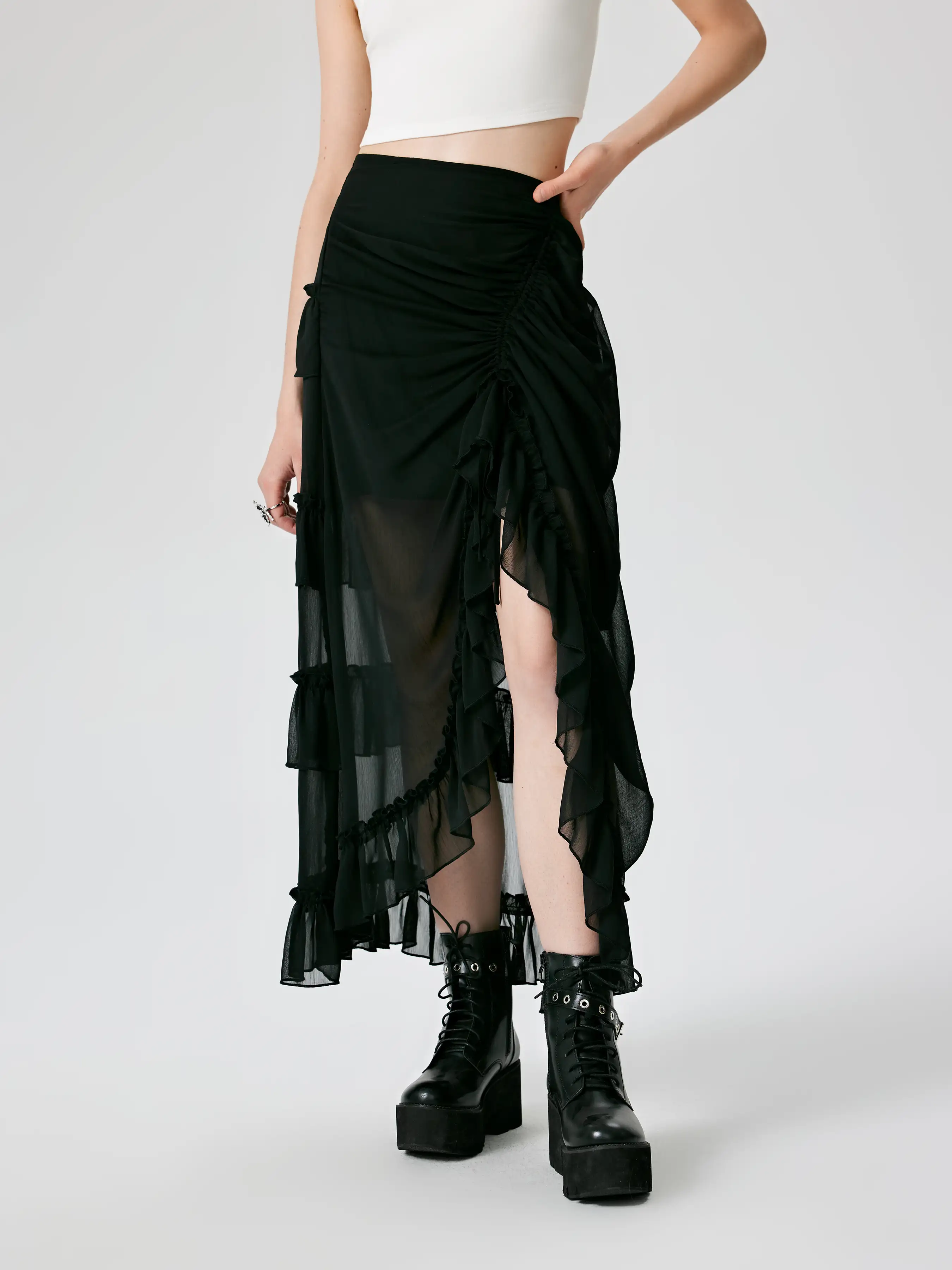 Ruffle Sheer High Waist Maxi Skirt