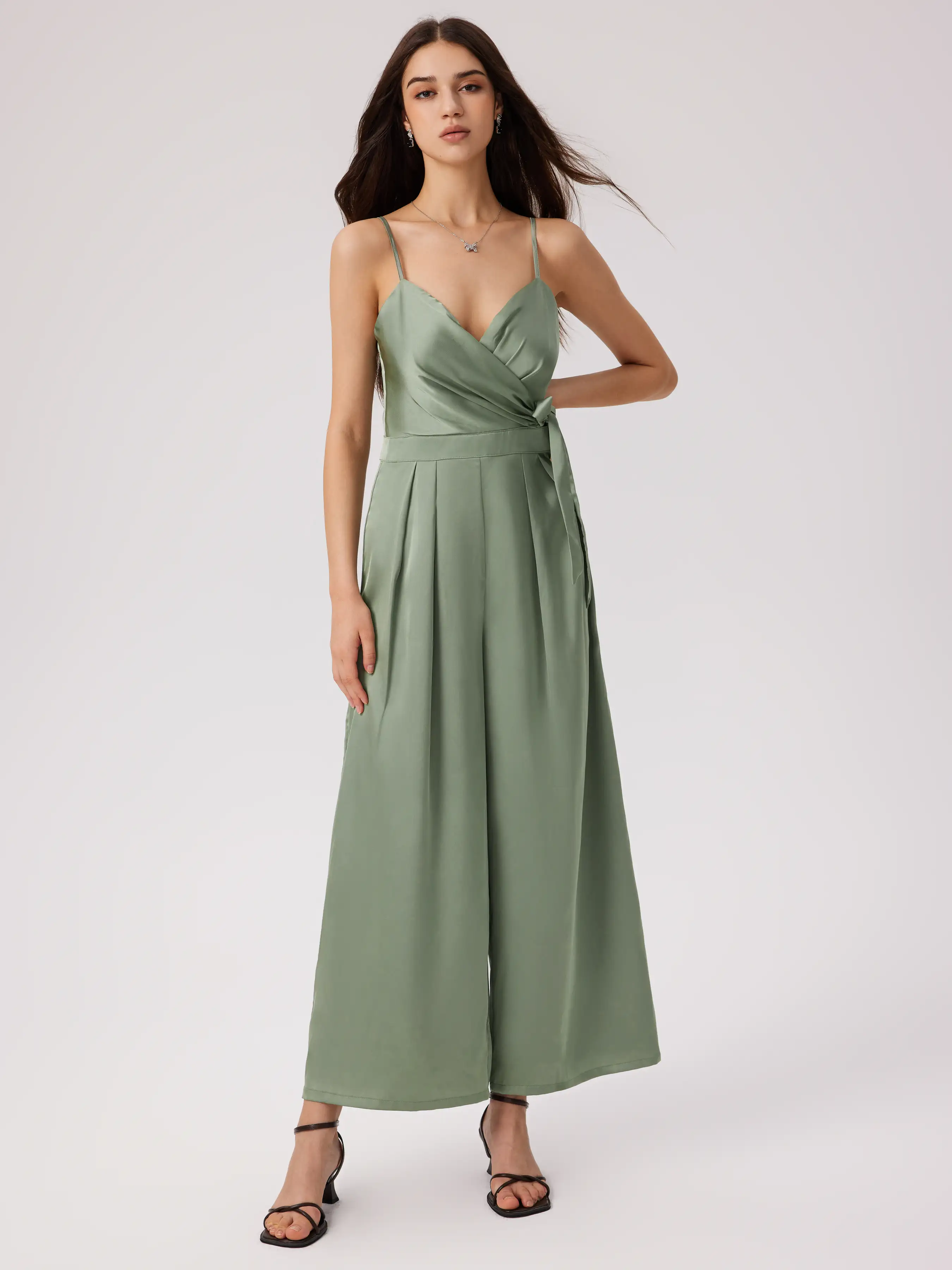 Satin Knotted Pleated Wide Leg Jumpsuit