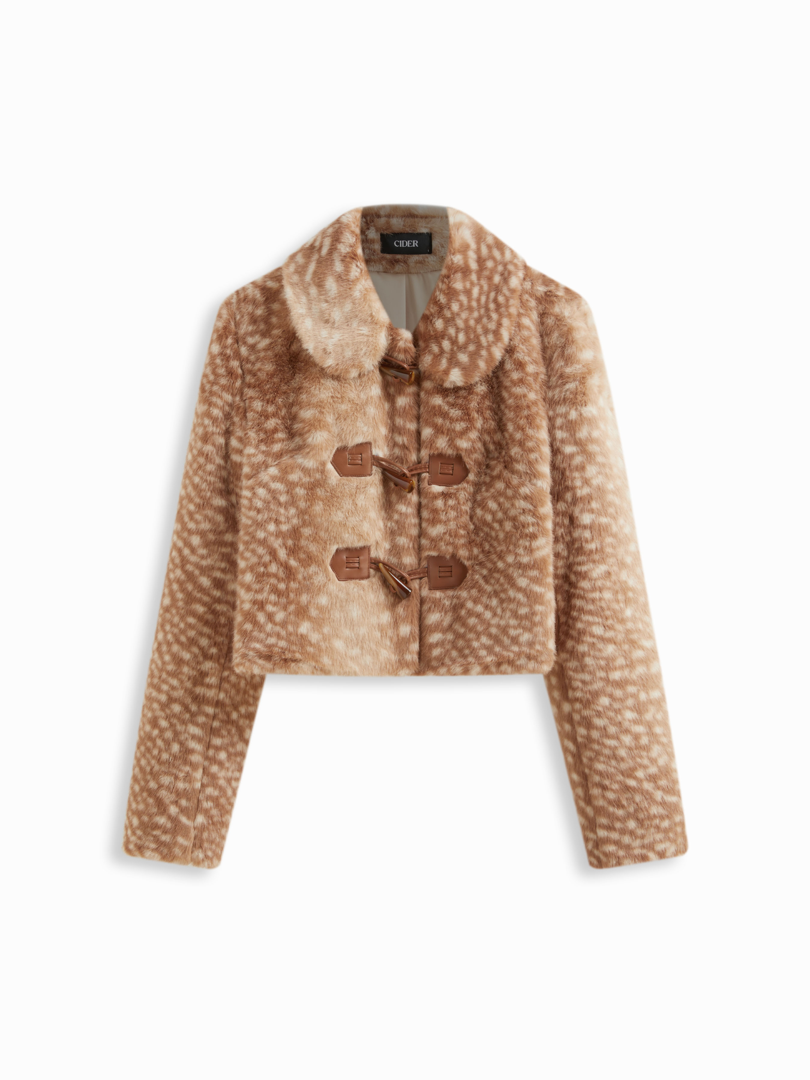 Deer Print Faux Fur Collar Toggle Button Crop Jacket