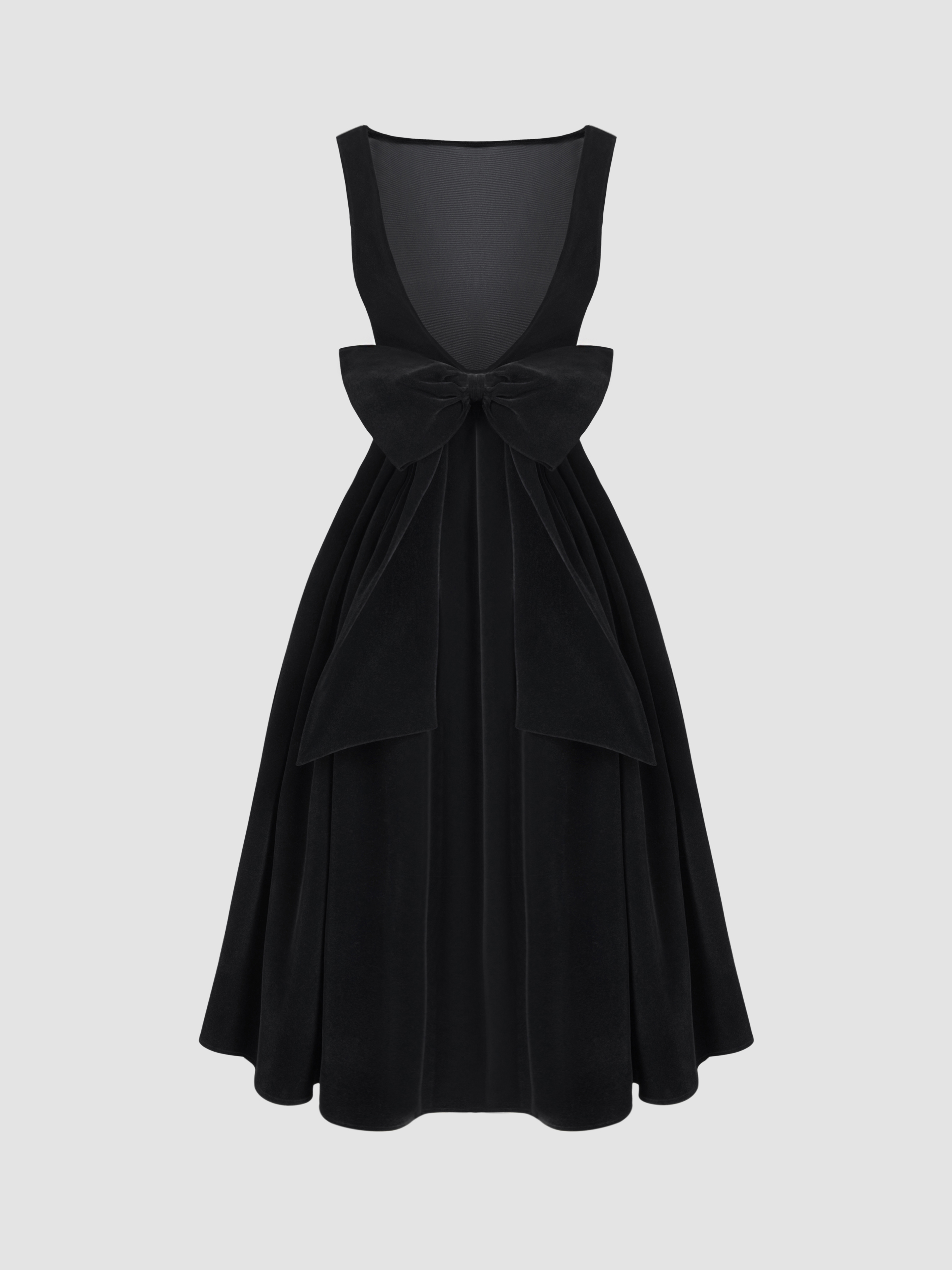 Velvet Boat Neck Bowknot Backless Midi Dress
