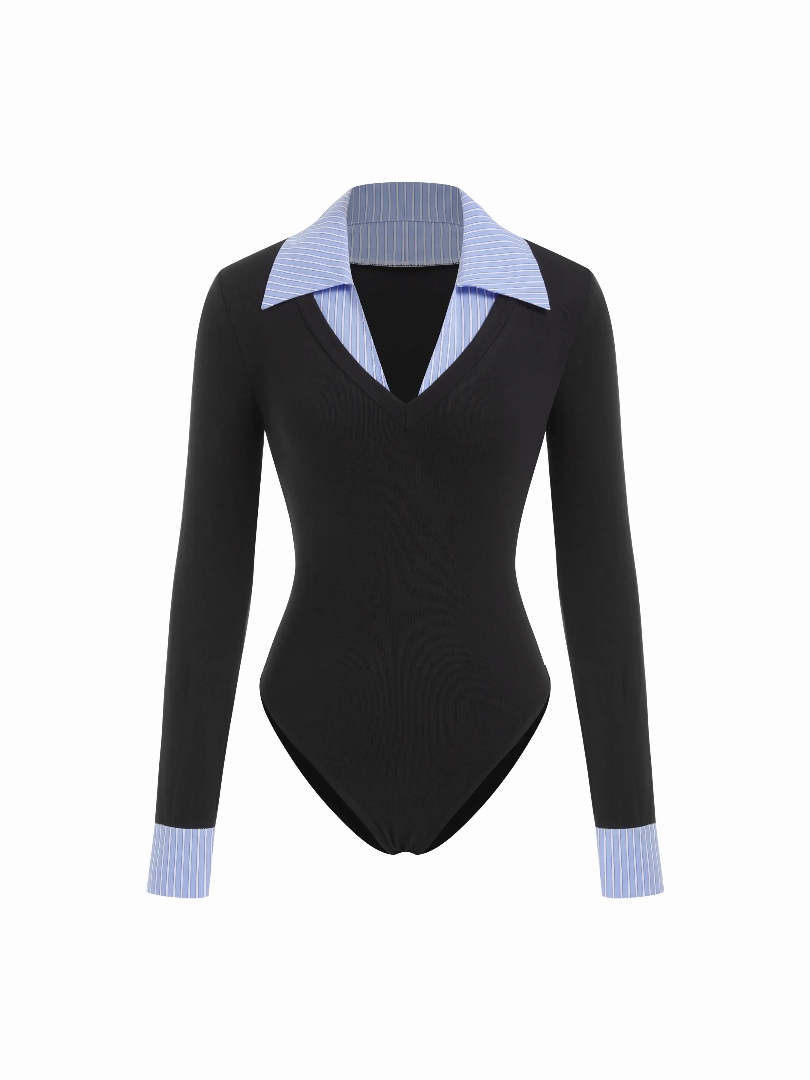 Cotton Collar V-neck Two Tone Striped Bodysuit