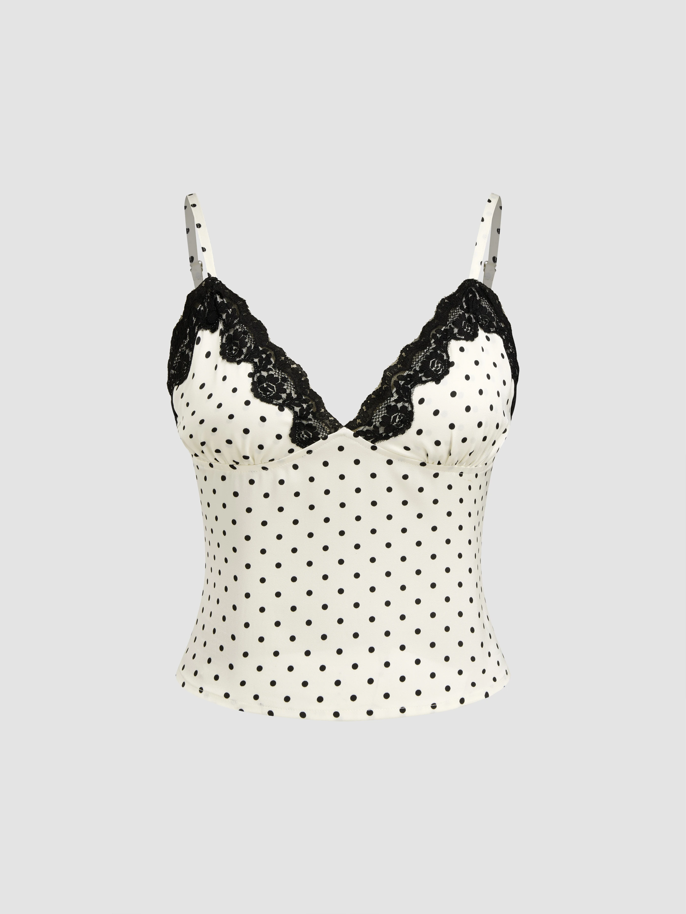Polka Dot V-neck Contrasting Lace Cami Top