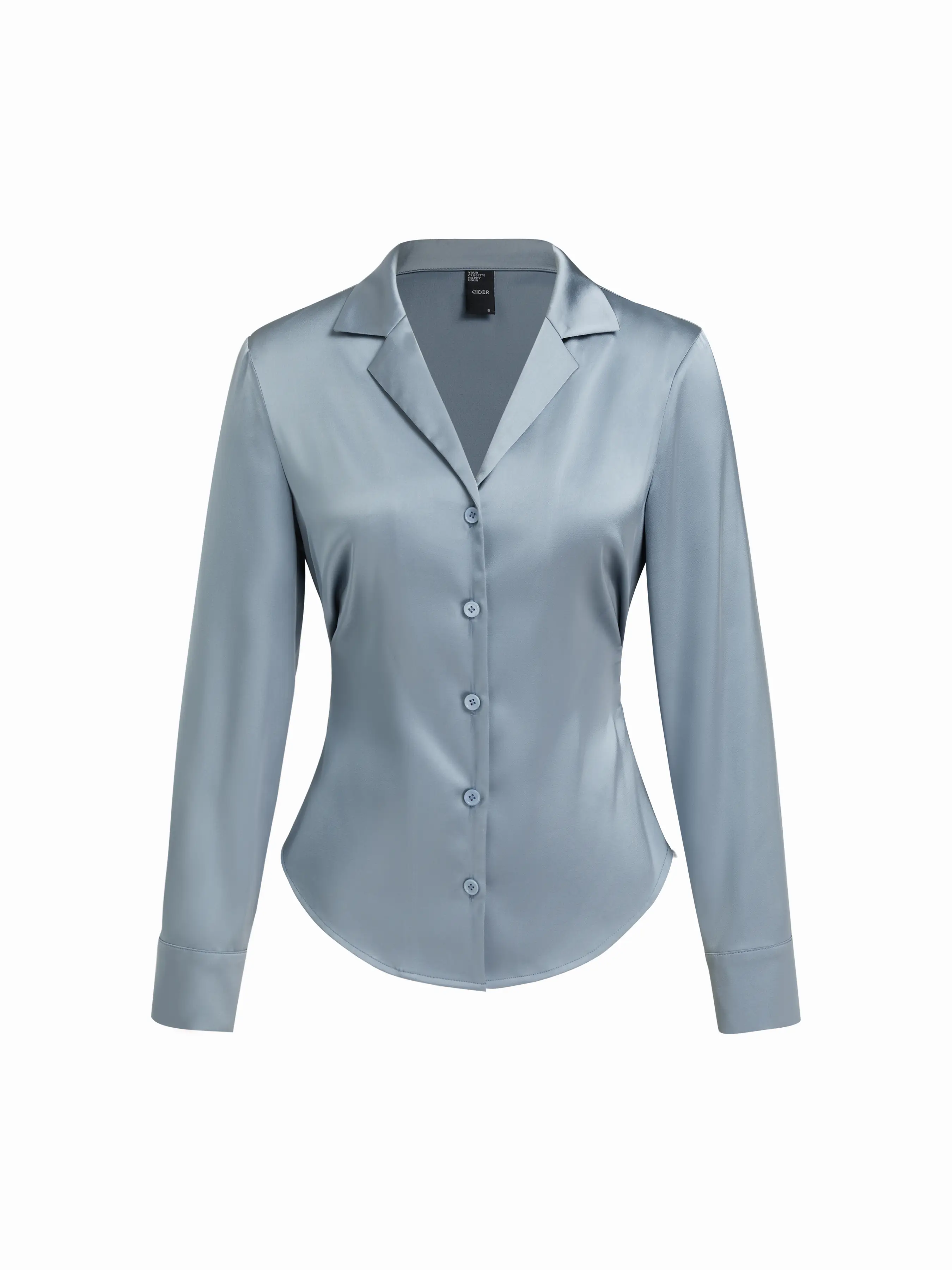 Satin Collar Long Sleeve Curved Hem Cinched Waist Shirt