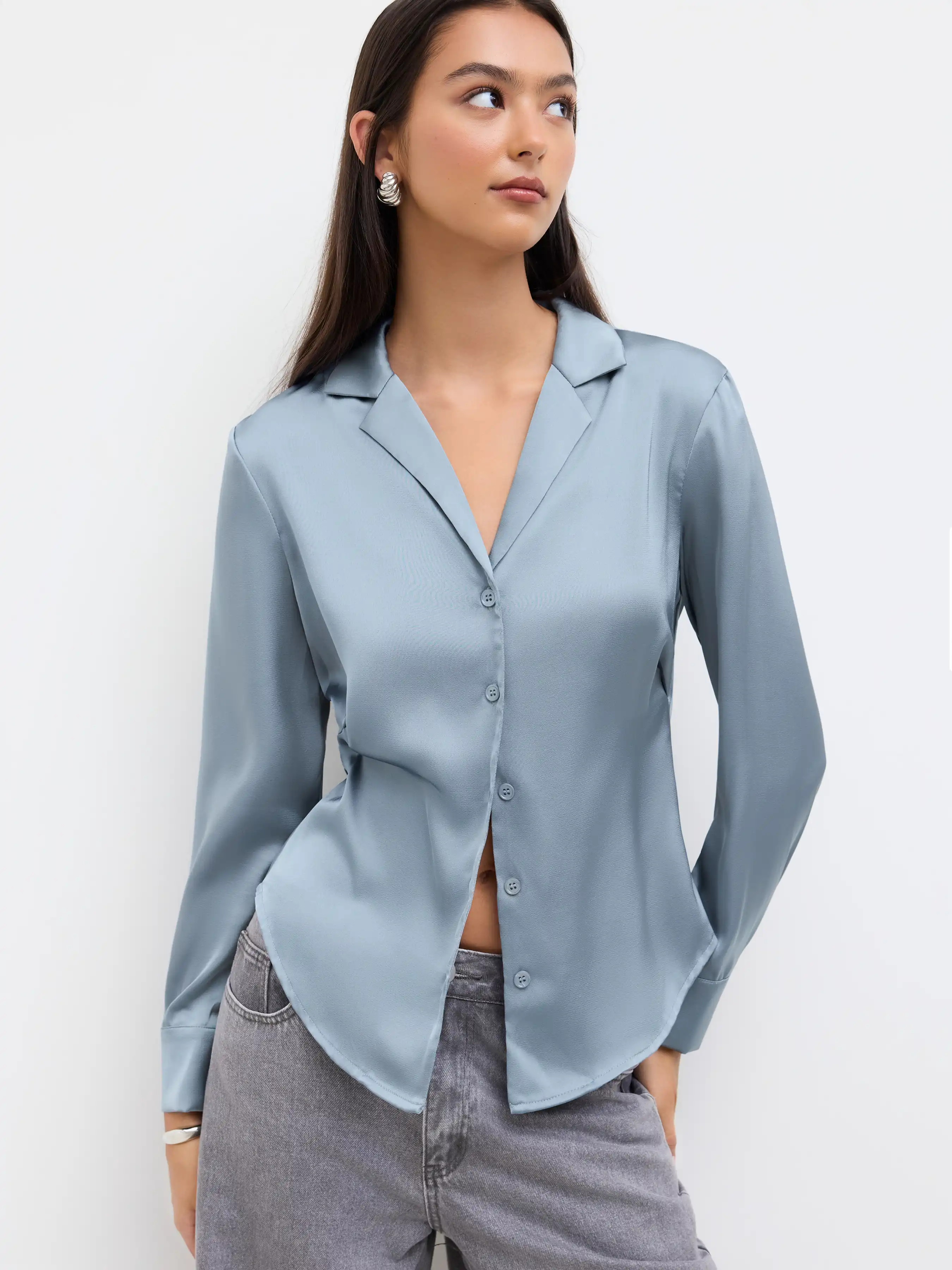 Satin Collar Long Sleeve Curved Hem Cinched Waist Shirt
