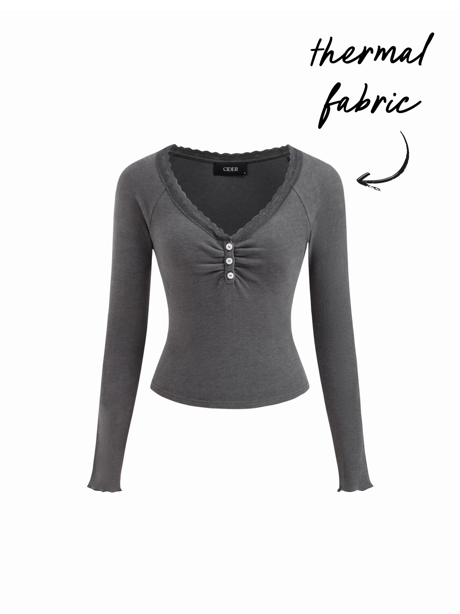 Thermal Cotton-blend V-neck Long Sleeve Lace Trim Ruched Tee
