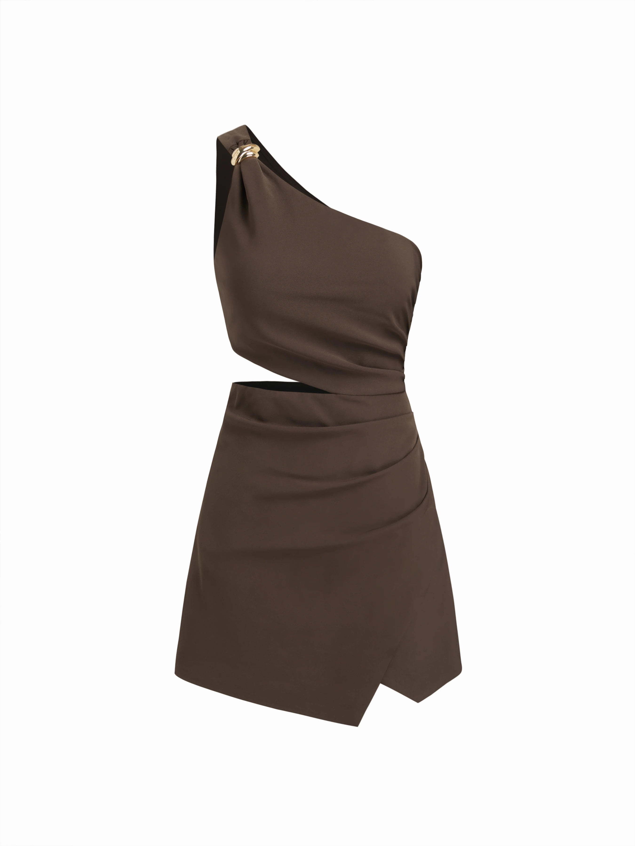 Asymmetrical Neck Metal Detail Cut Out Ruched Mini Dress