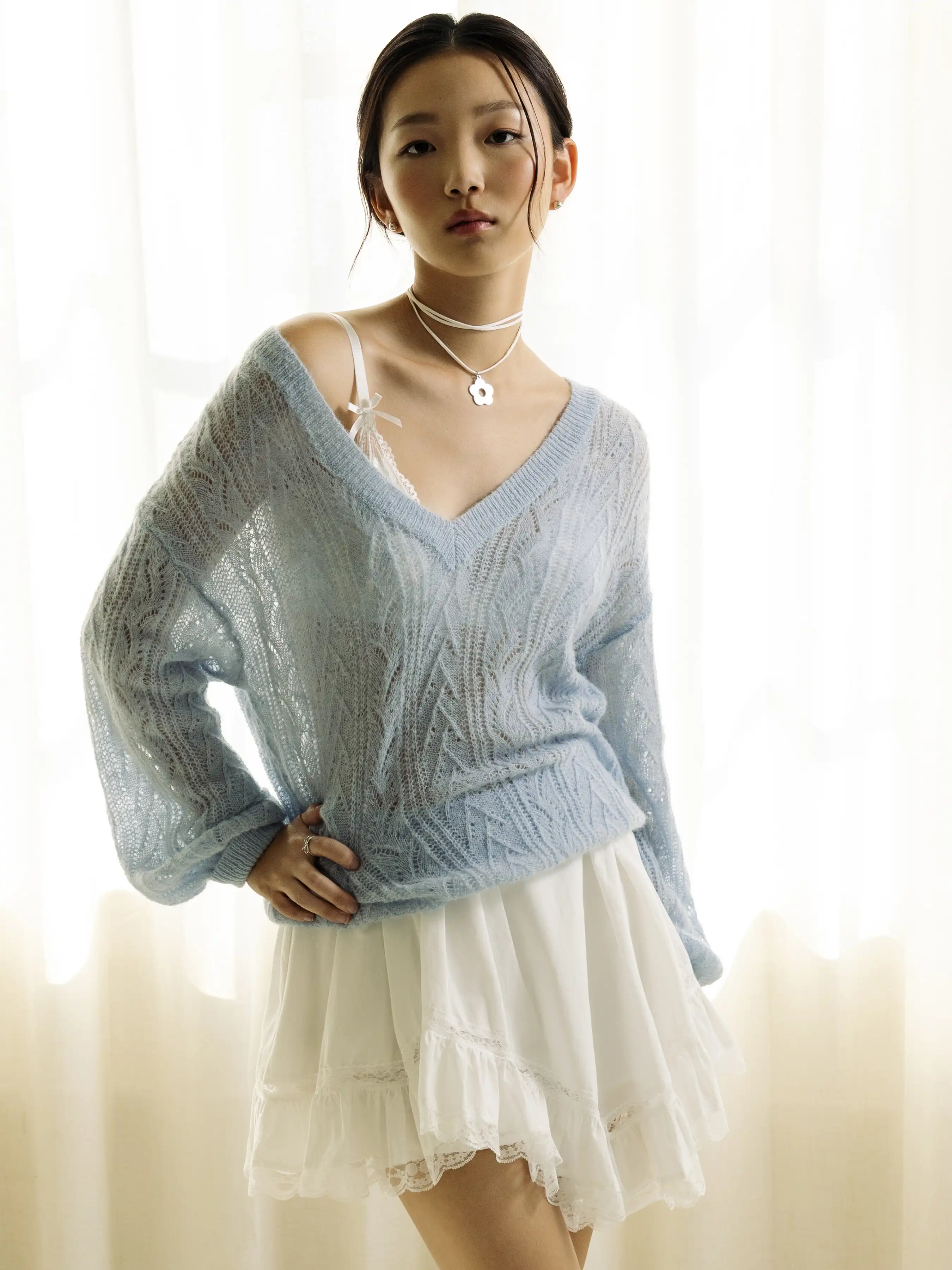 Mohair V-neck Solid See-through Sweater