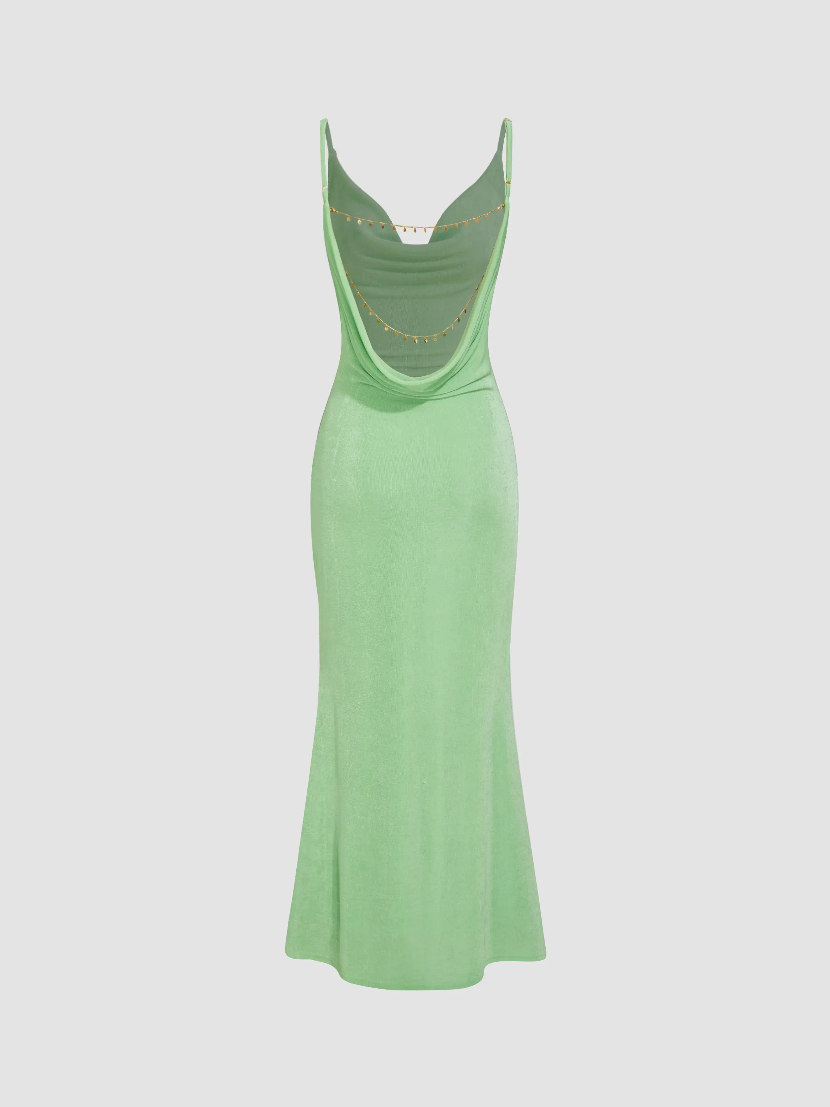 Cowl Neck Backless Chain Detail Cami Mermaid Maxi Dress