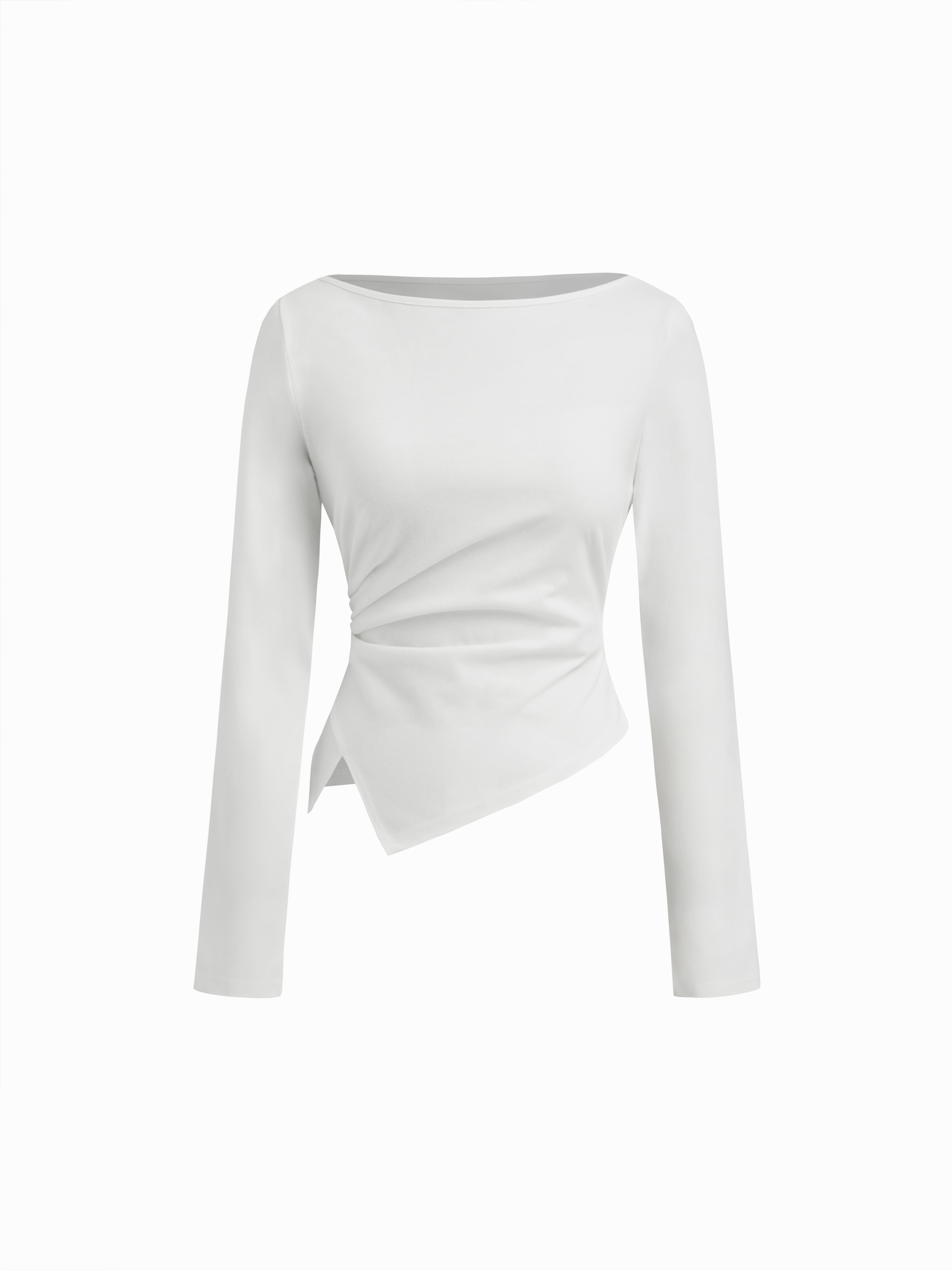 Cotton-blend Boat Neck Long Sleeve Ruched Asymmetrical Hem Tee