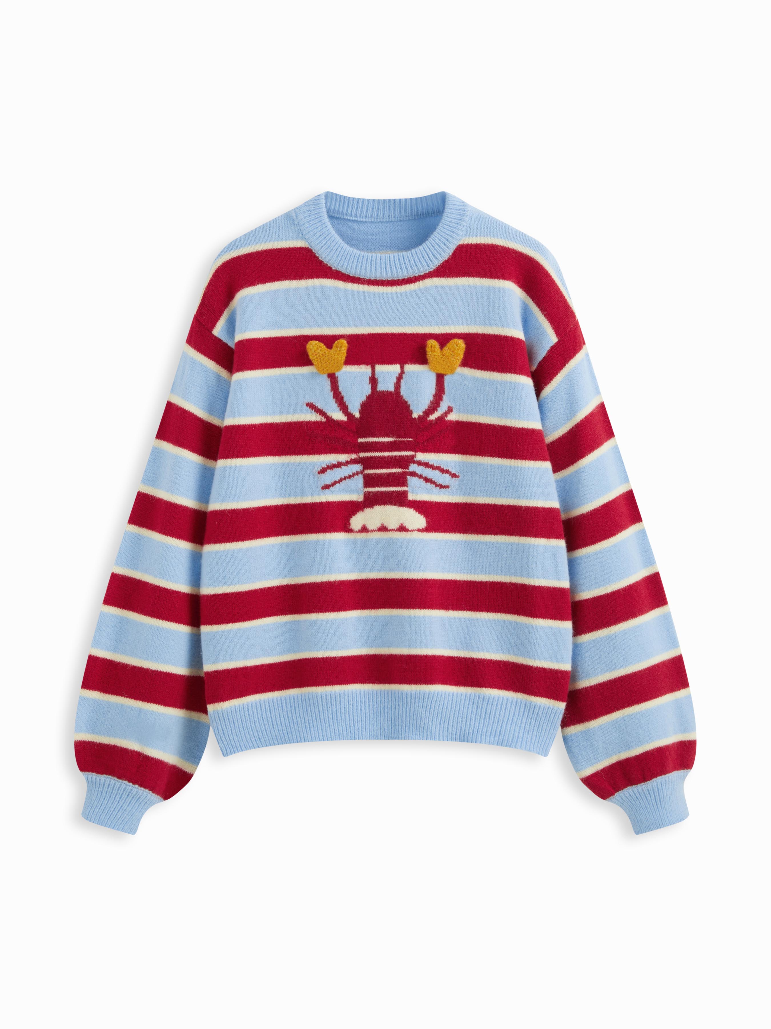 Knit Lobster Pattern Striped Round Neckline Oversized Sweater