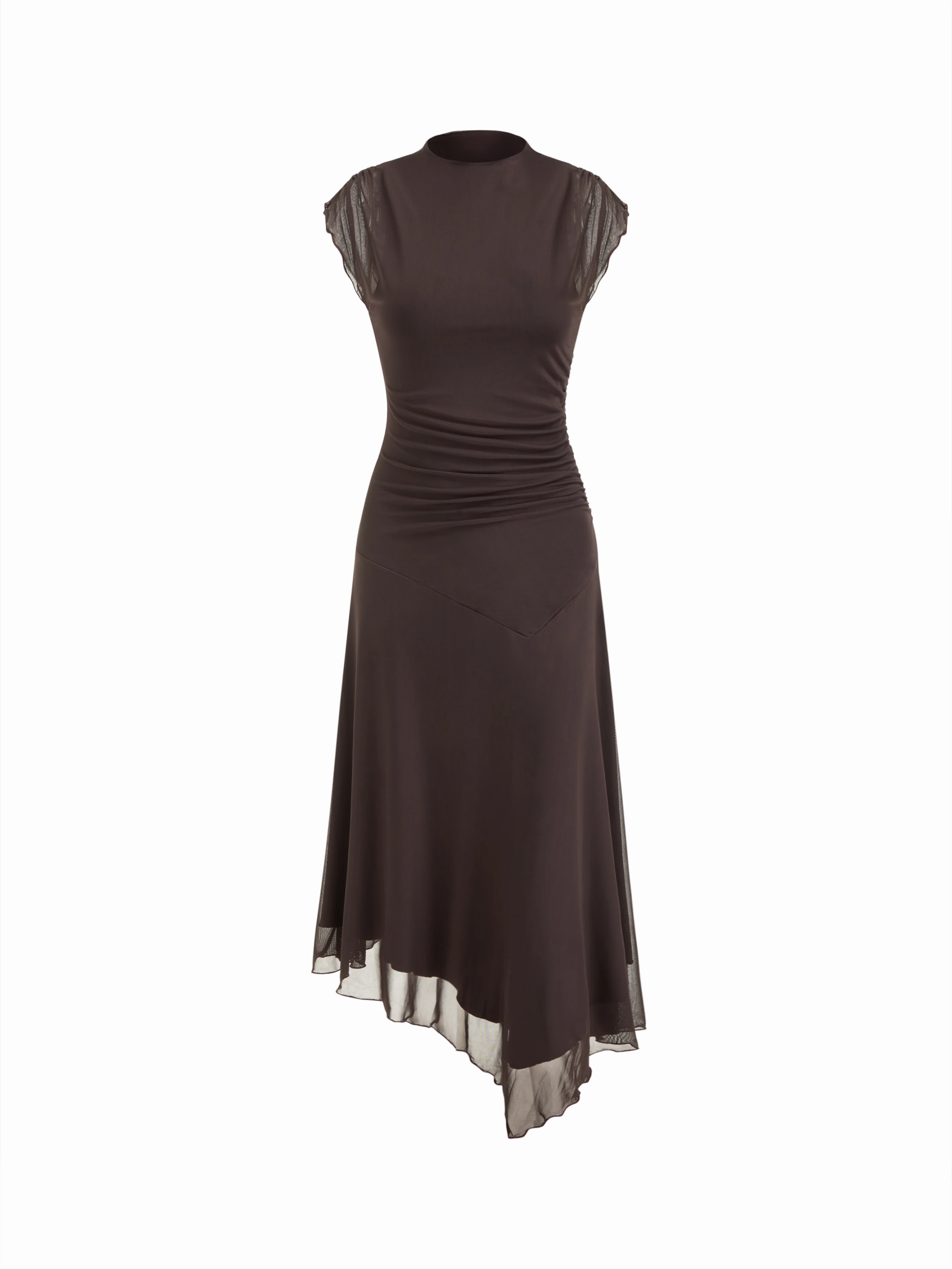 High Neck Ruched Asymmetrical Hem Midi Dress