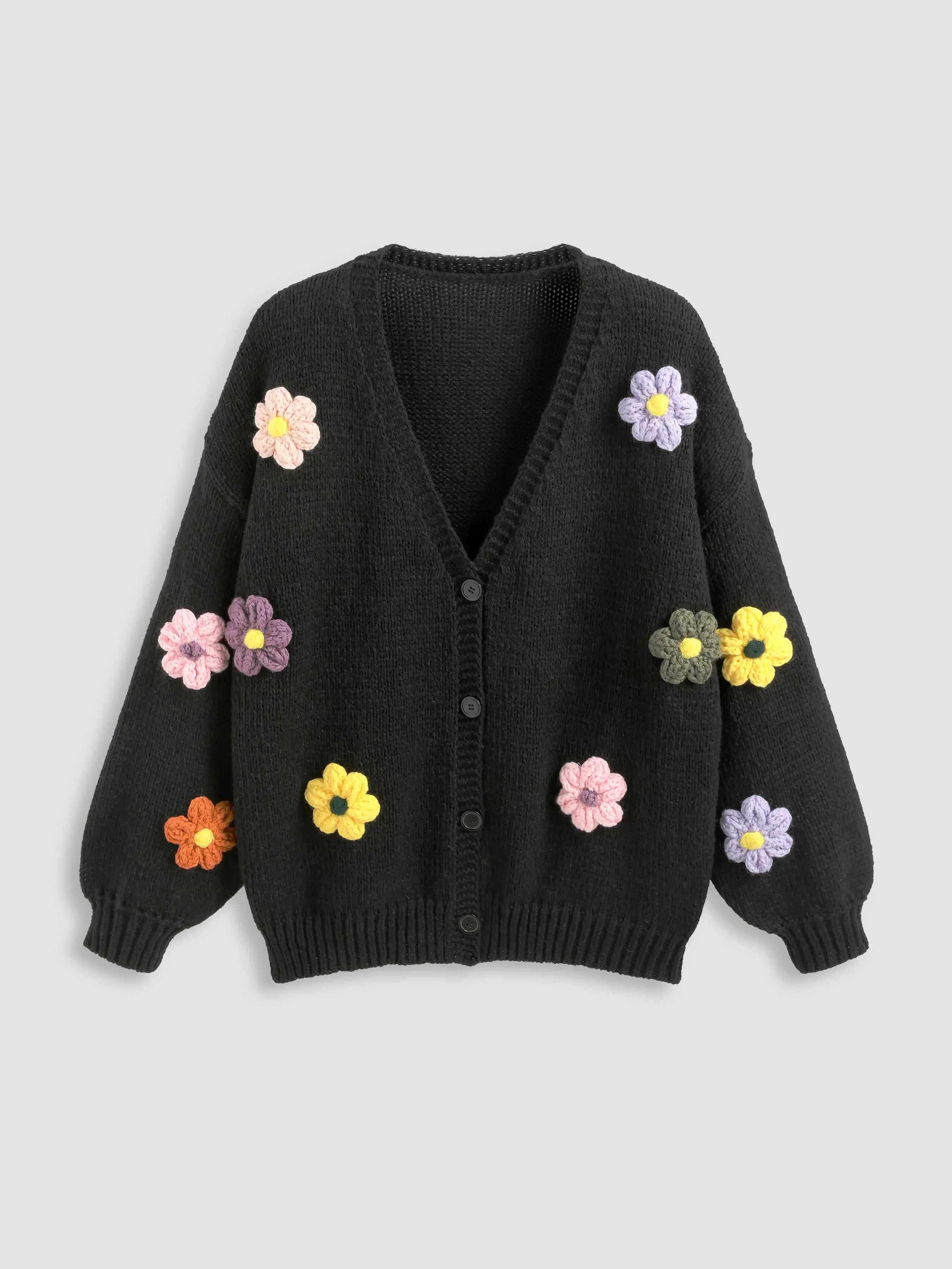 V-neck 3D Flower Knitted Cardigan Curve & Plus