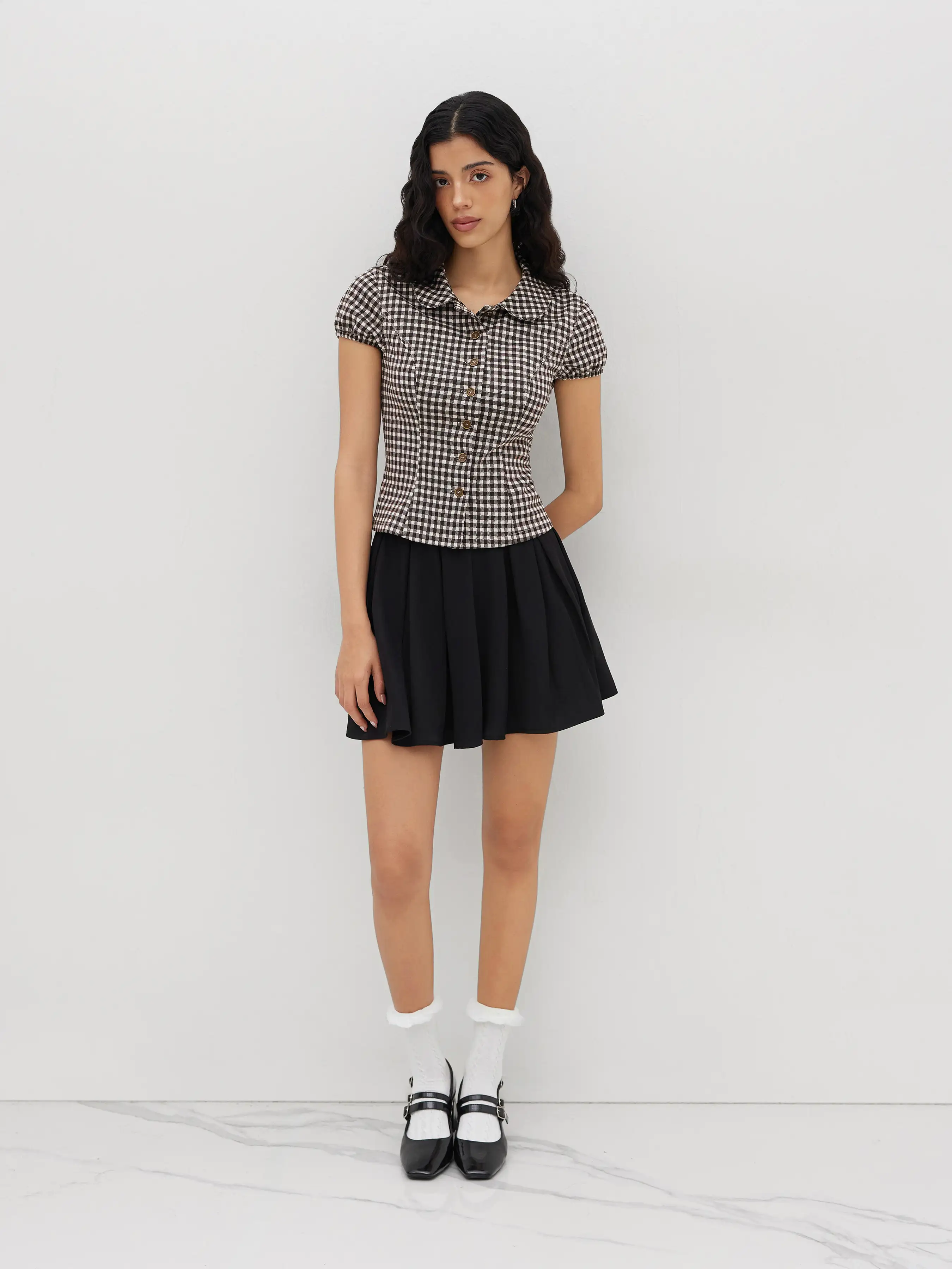 Peter Pan Collar Gingham Button Puff Sleeve Top