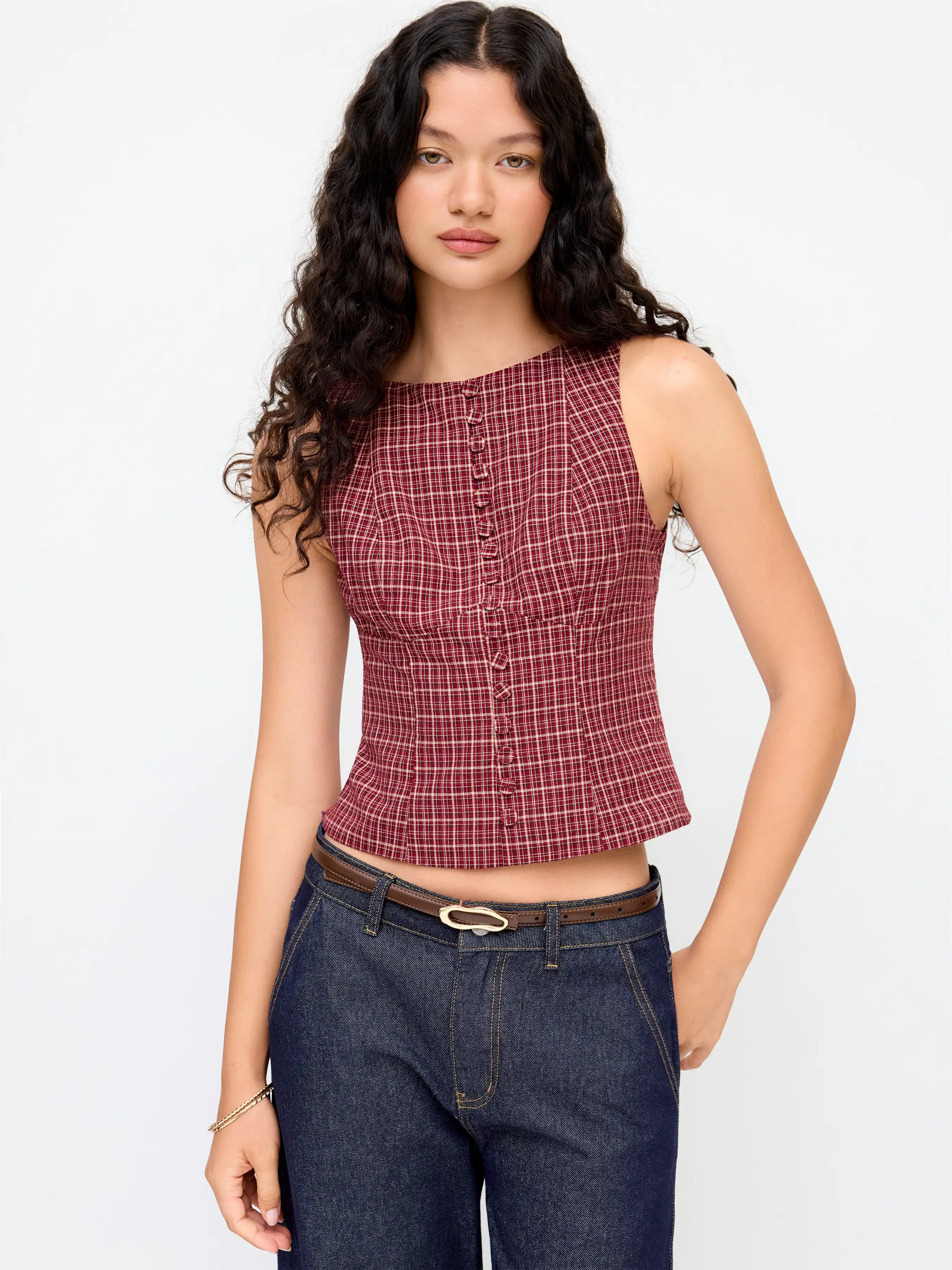 Cotton Boat Neck Plaid Backless Cut Out Tank Top