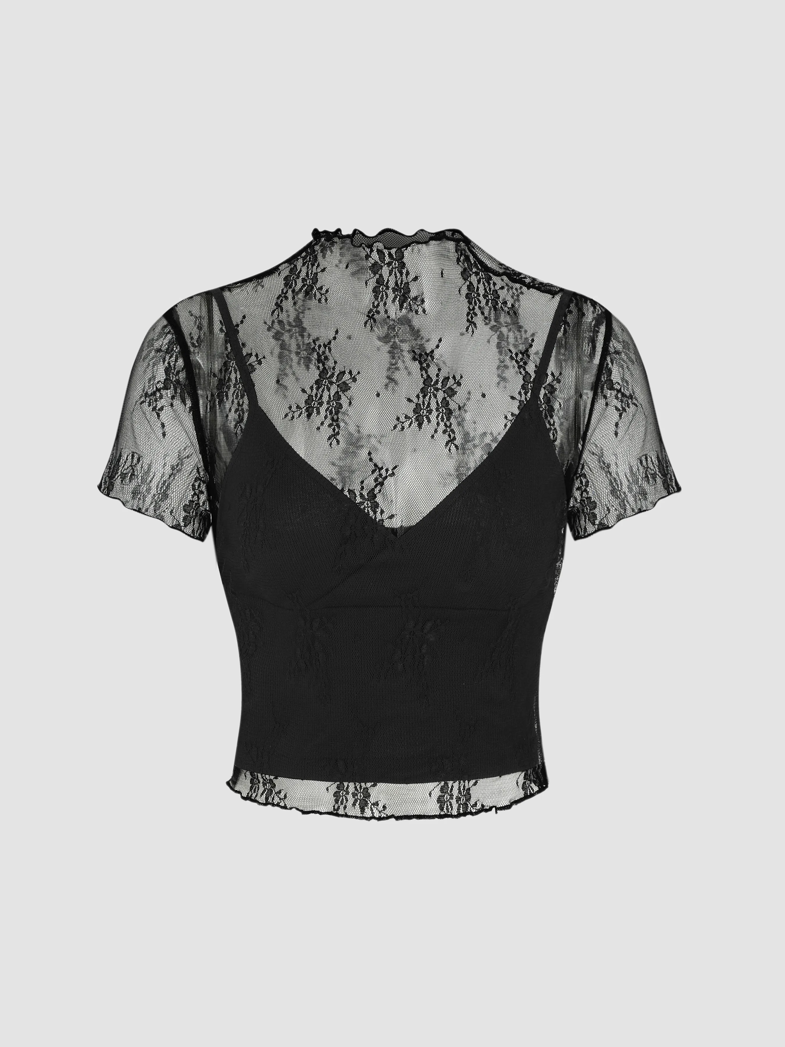 High Neck Lace Floral Top & Solid Crop Cami Top Set