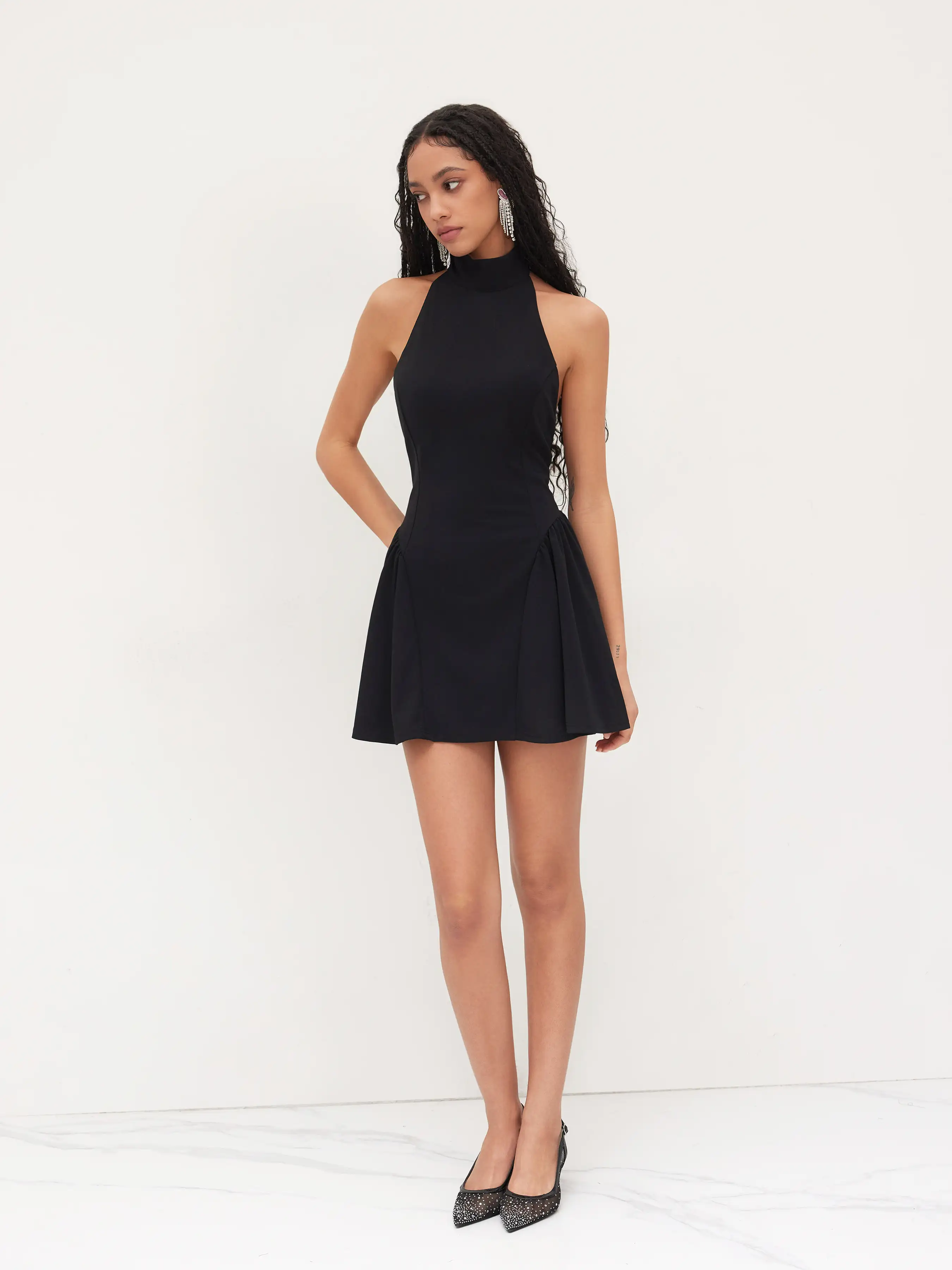 Halter Neckline Knotted Backless Ruffle Mini Dress