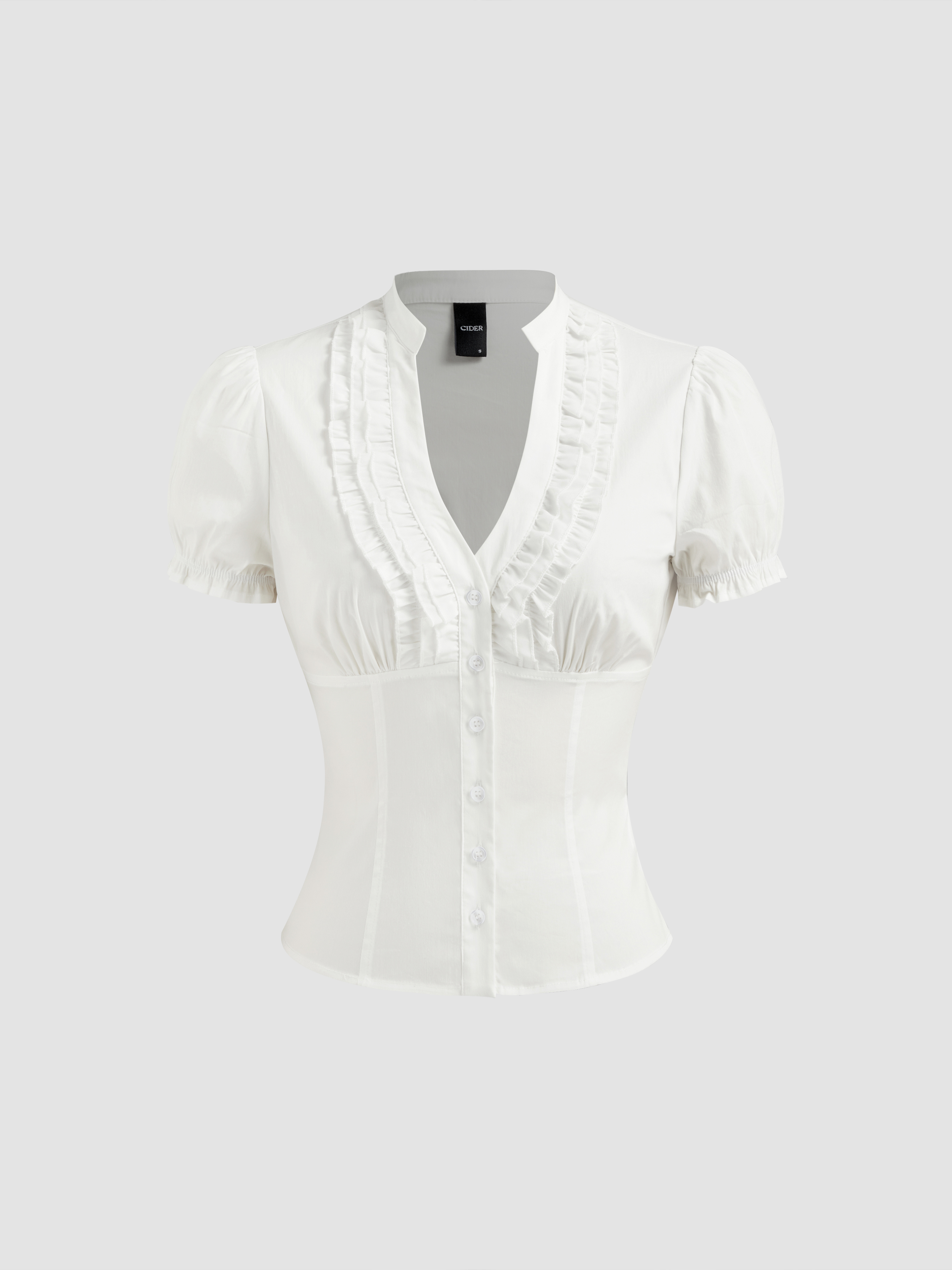 Cotton-blend V-neck Lettuce Trim Short Sleeve Blouse