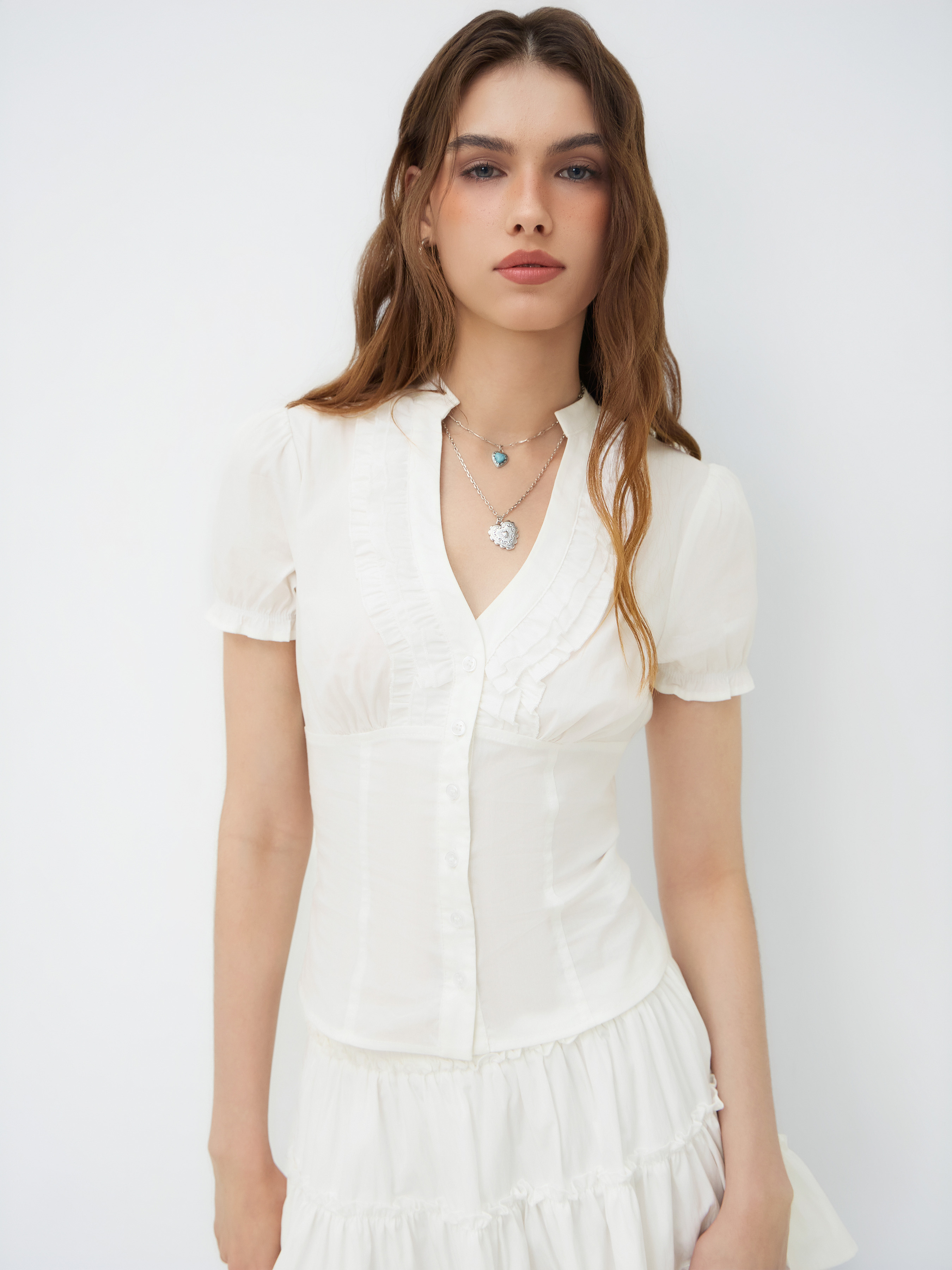 Cotton-blend V-neck Lettuce Trim Short Sleeve Blouse