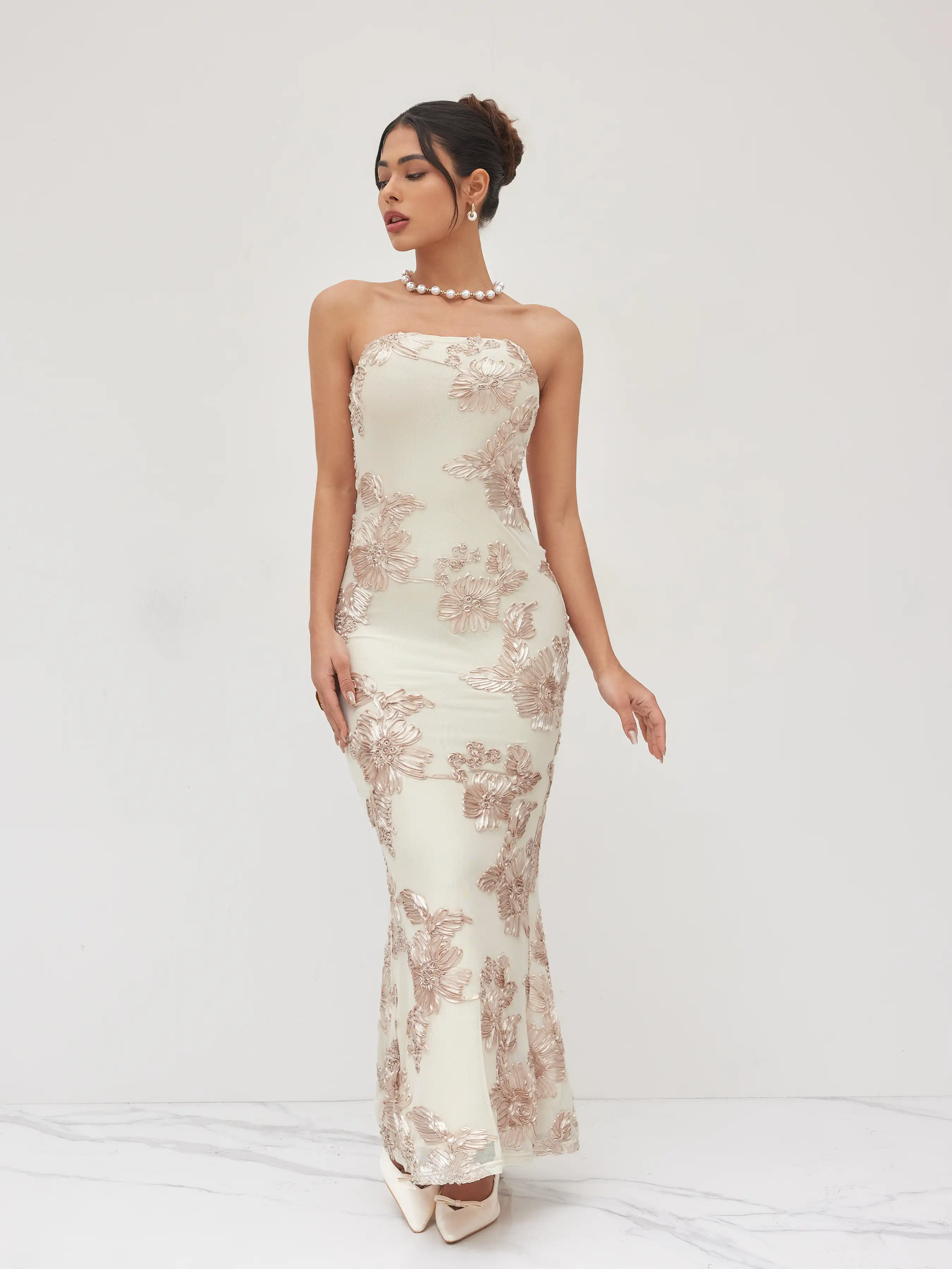 Jacquard Bandeau Floral Mermaid Maxi Dress