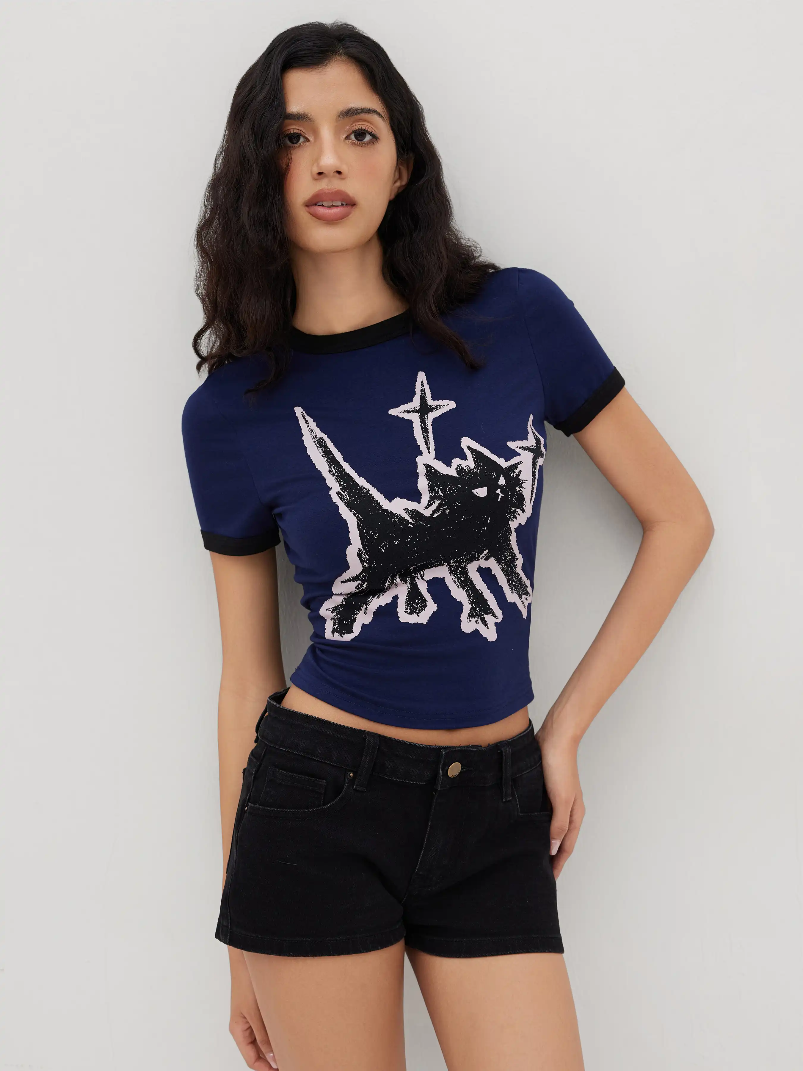 Cat Graphic Round Neckline Short Sleeve Tee