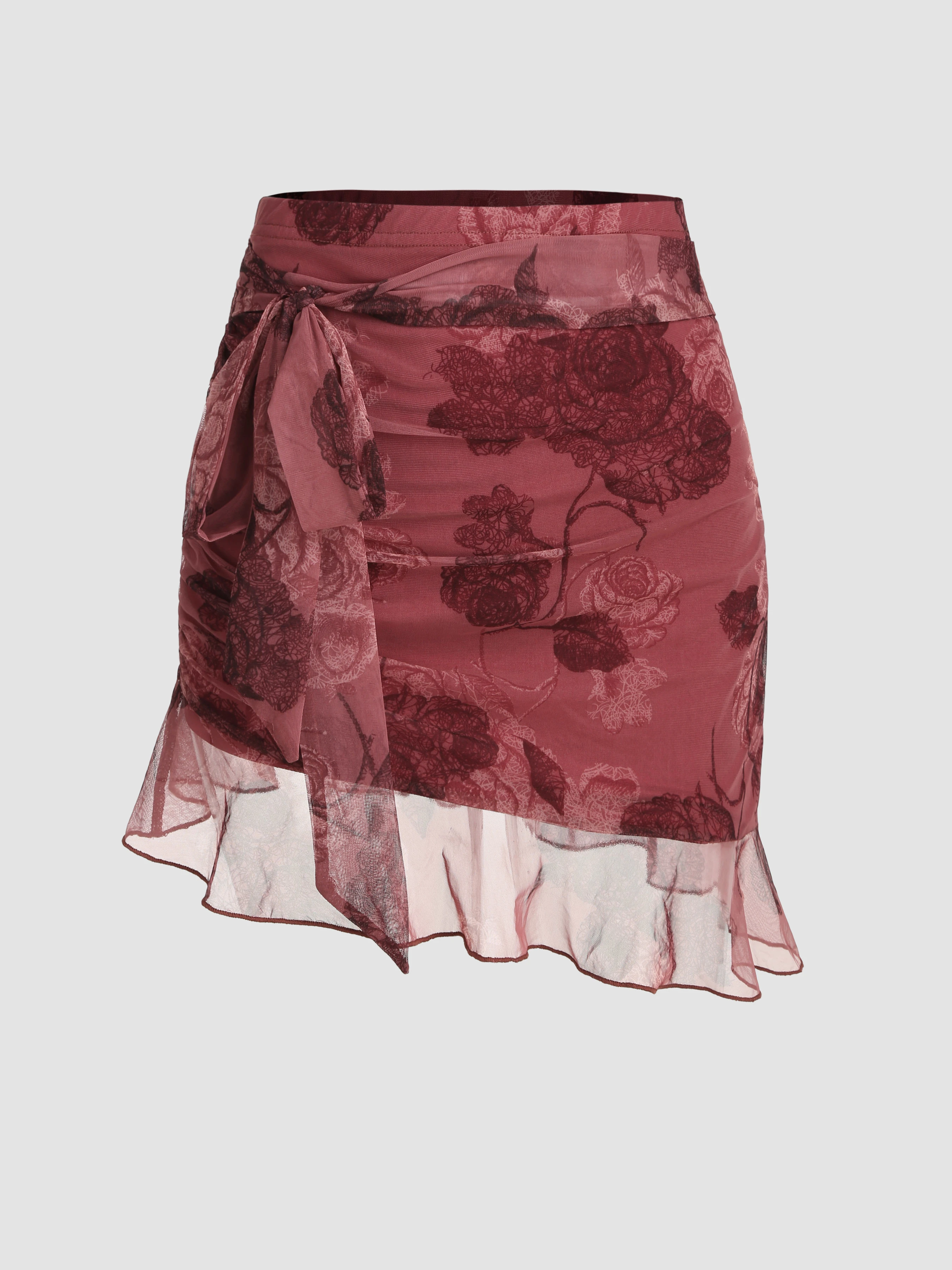 Chiffon High Waist Floral Knotted Mini Skirt