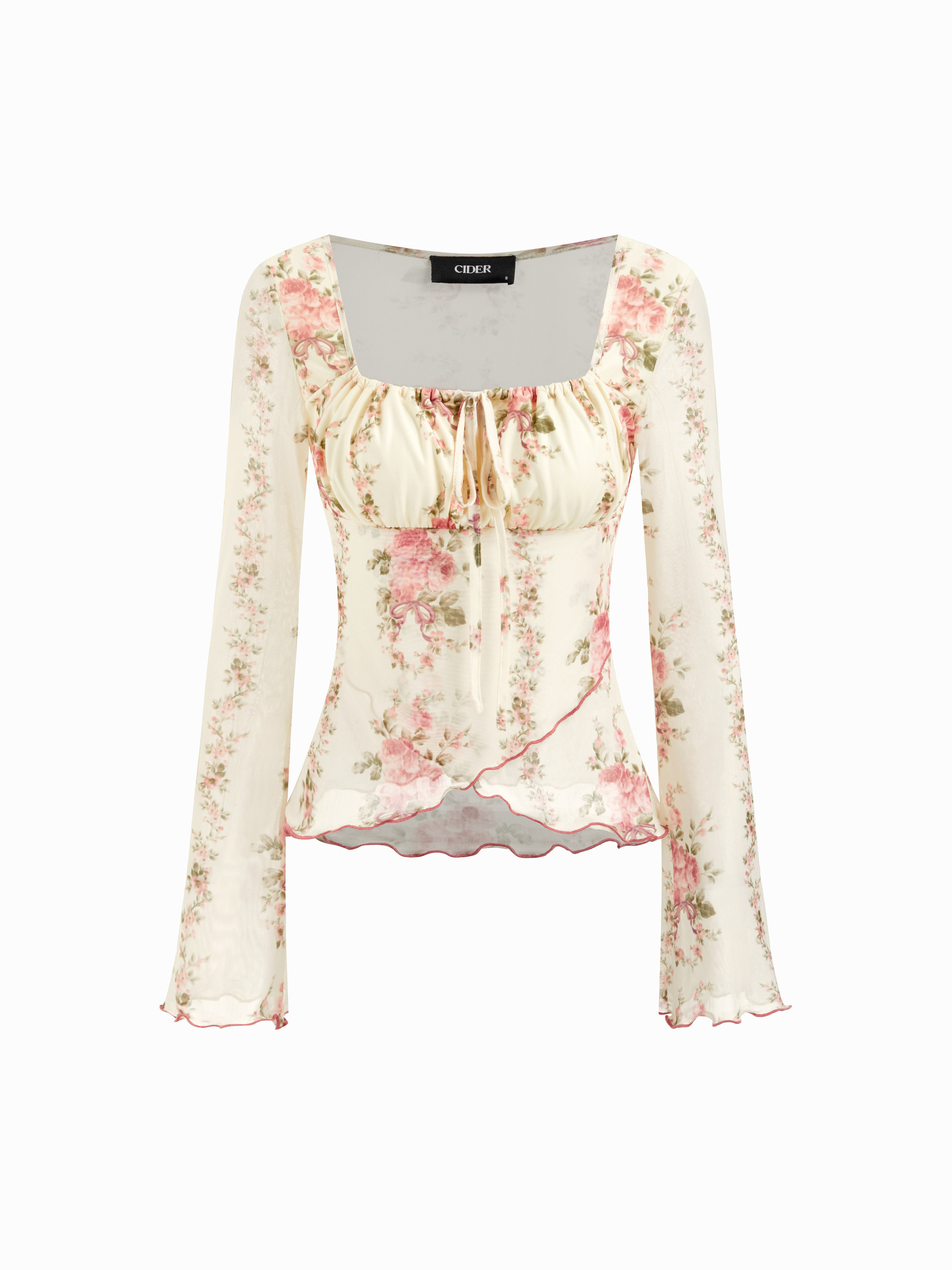 Mesh Square Neck Floral Lettuce Trim Drawstring Ruched Long Sleeve Top