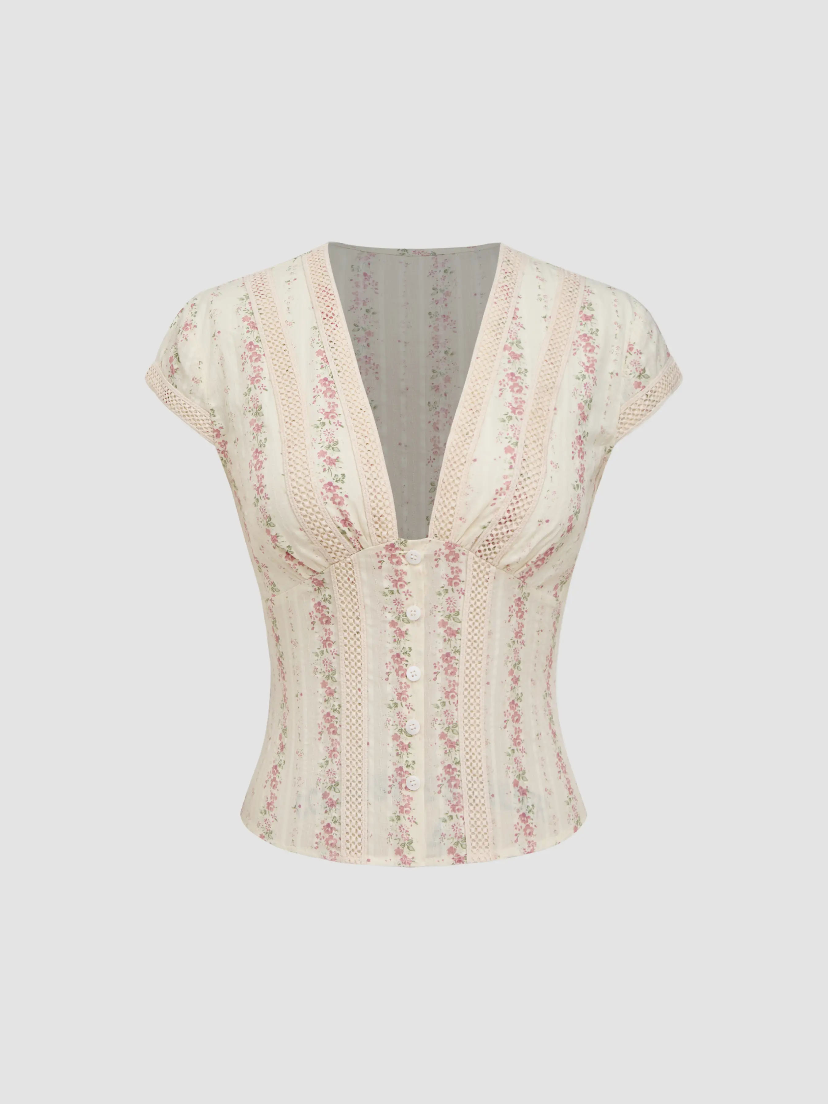 Cotton V-neck Floral Short Sleeve Blouse