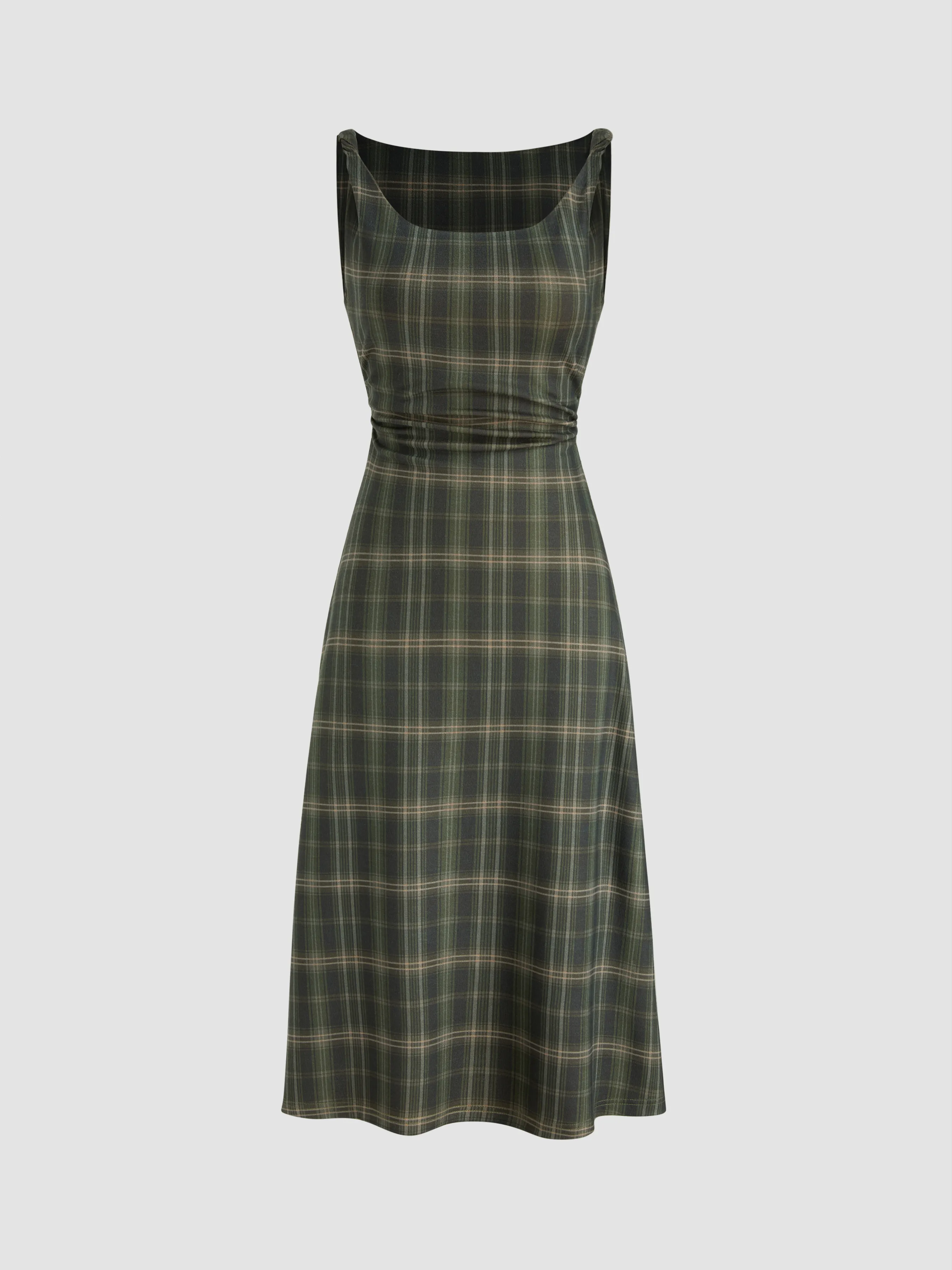 Scoop Neckline Tartan Ruched Midi Dress