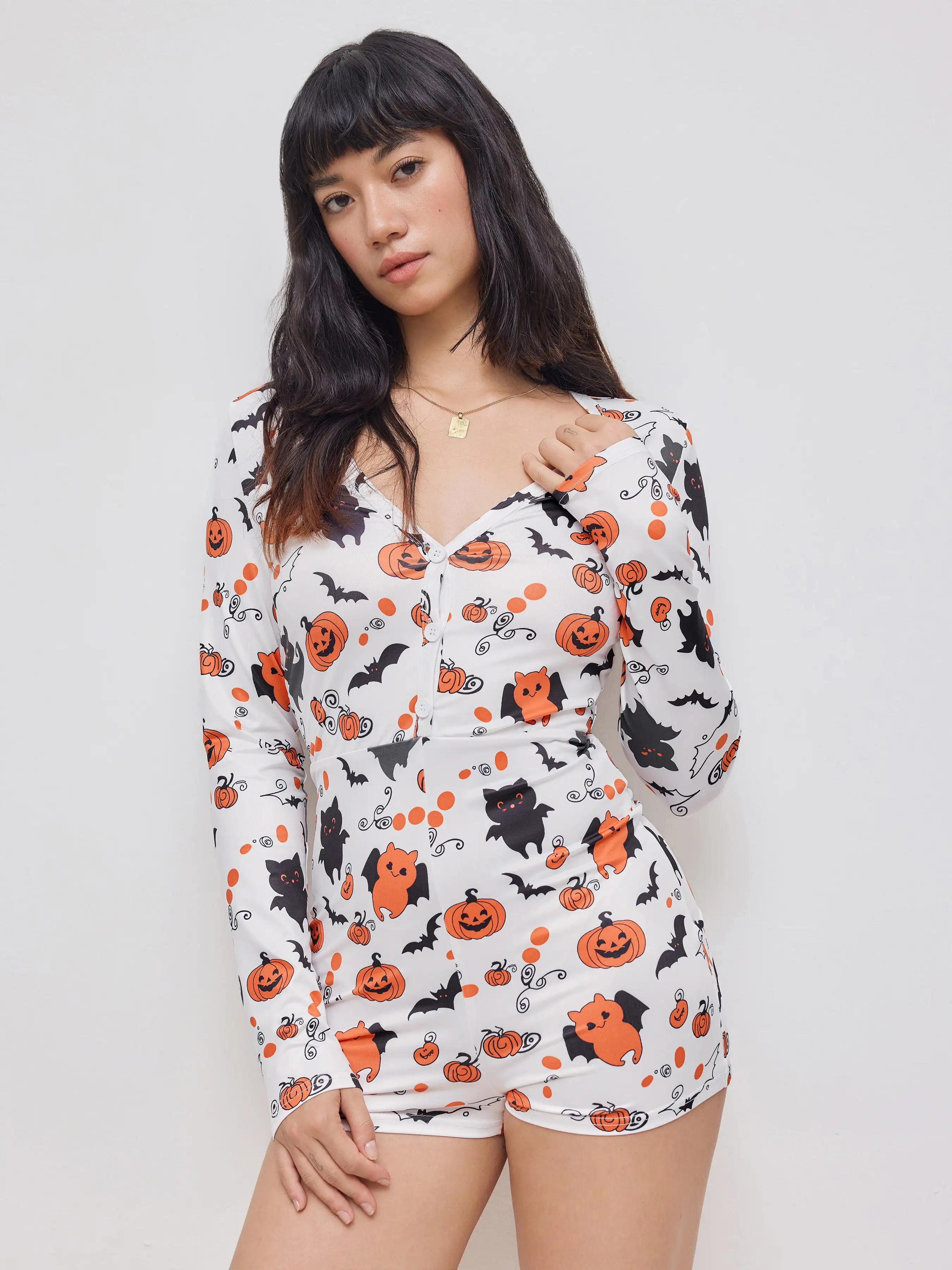 V-neck Pumpkin Bat Graphic Lounge Romper