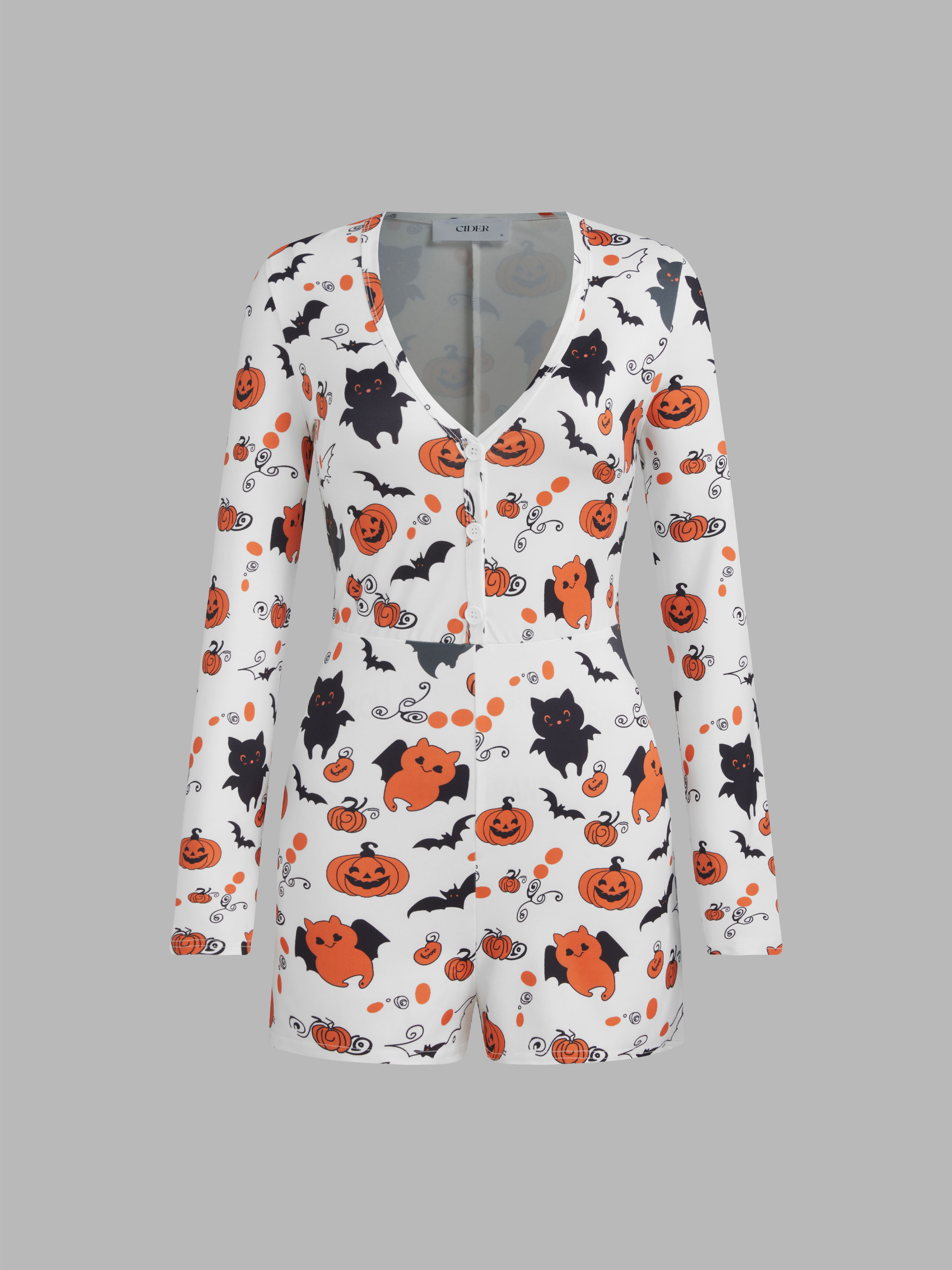 V-neck Pumpkin Bat Graphic Lounge Romper