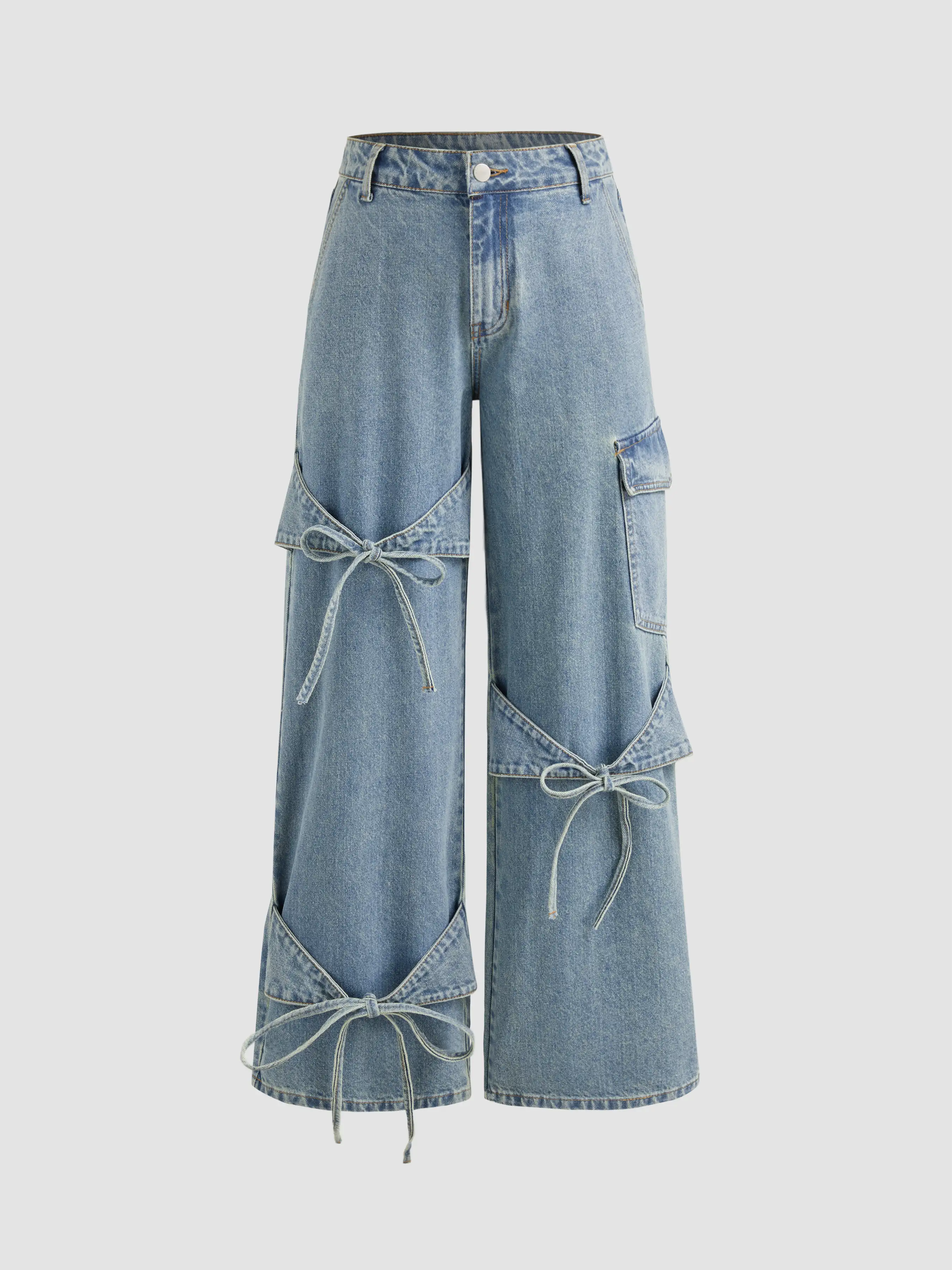 Cider Denim Low Rise Solid Bowknot Pocket Wide Leg Jeans