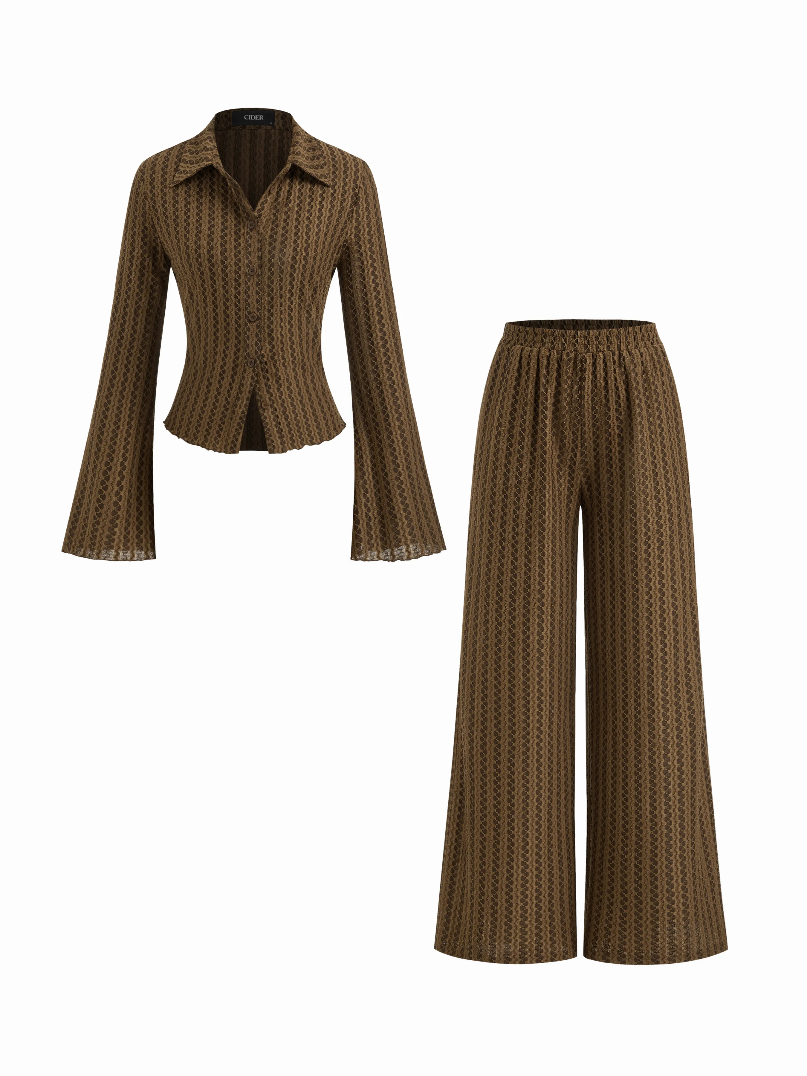 Abstract Graphic Collar Bell Sleeve Shirt & Mid Rise Wide Leg Trousers Set