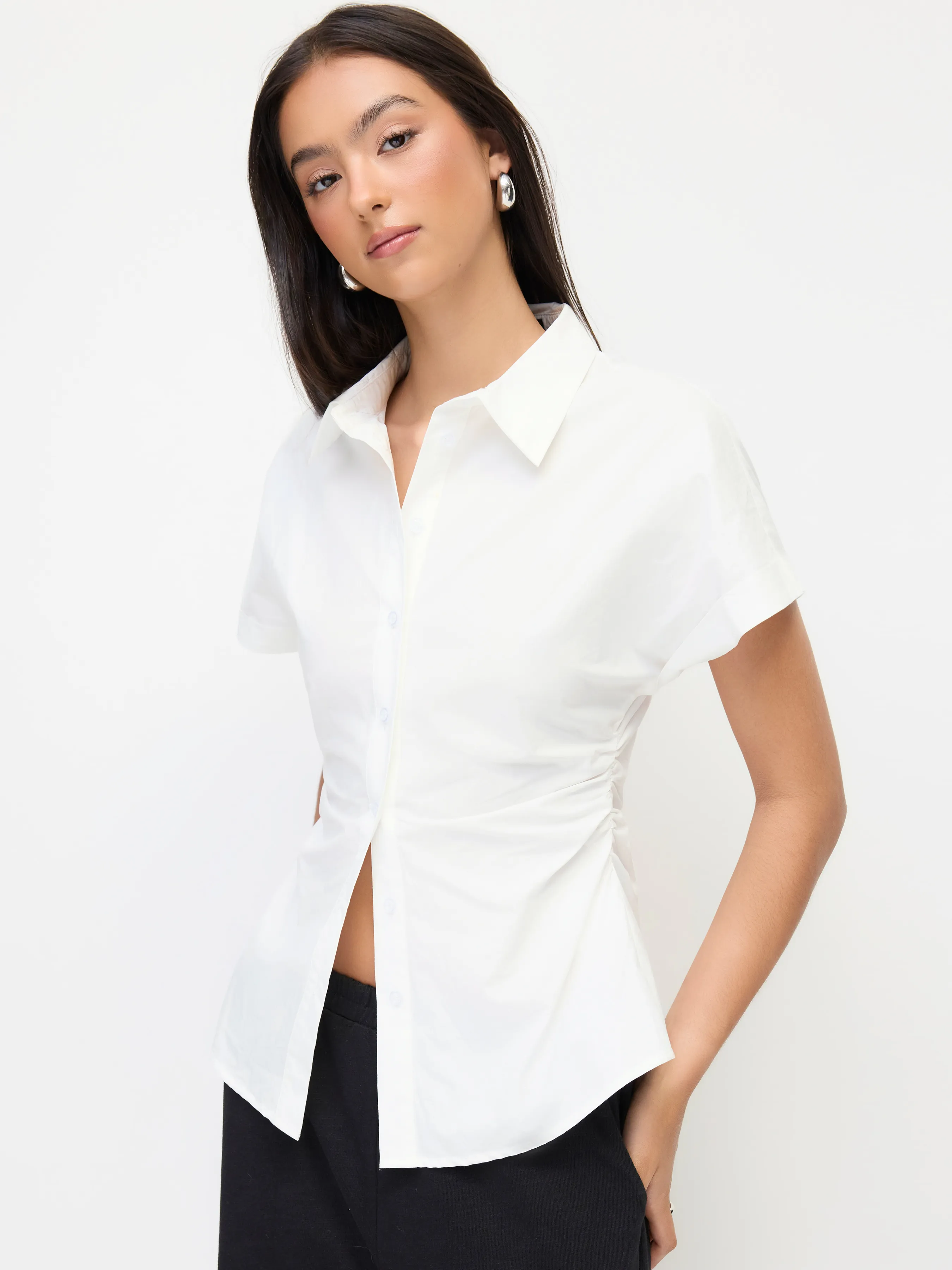 100% Cotton Collar Short Sleeve Ruched Shirt
