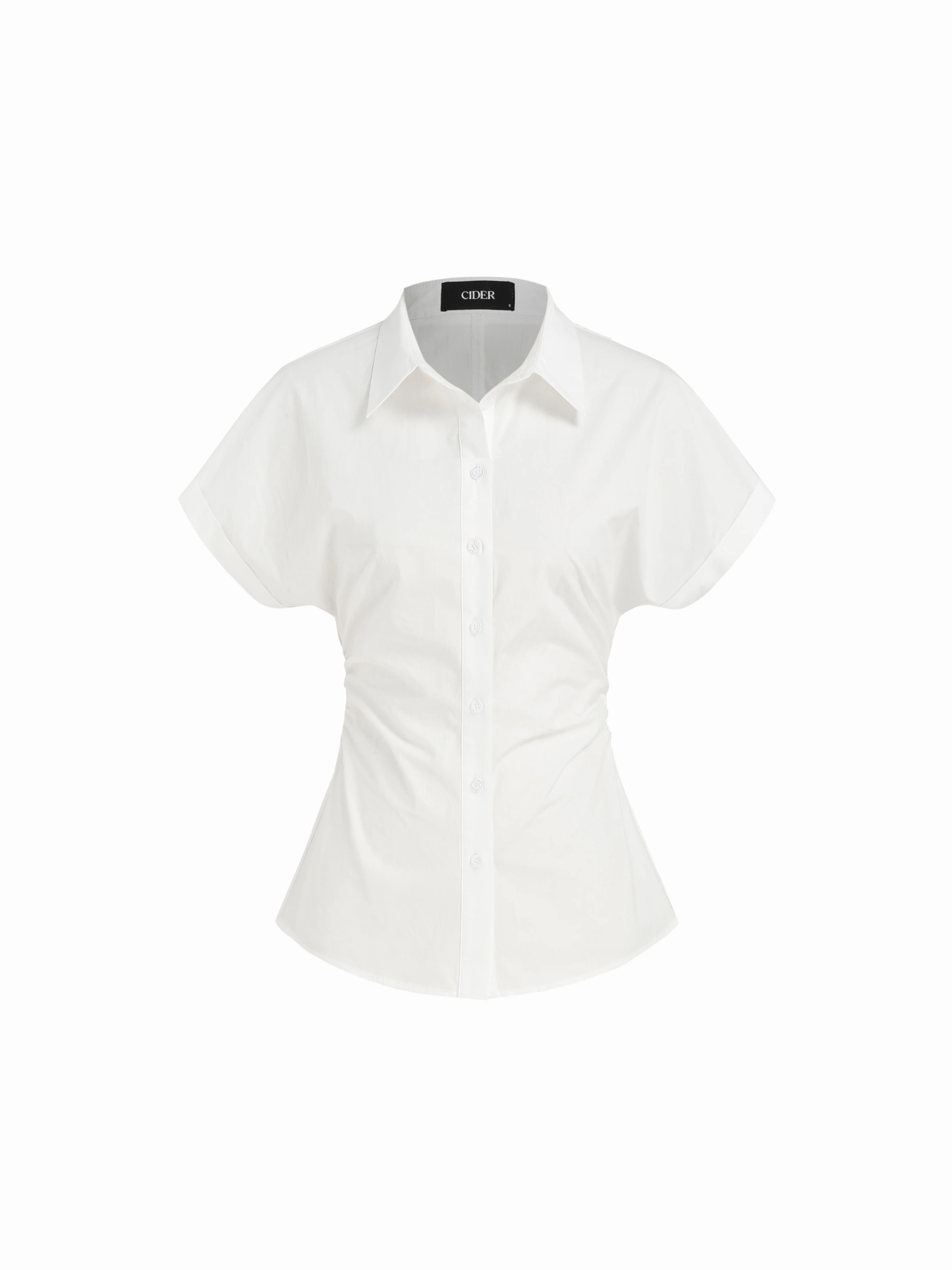 100% Cotton Collar Short Sleeve Ruched Shirt