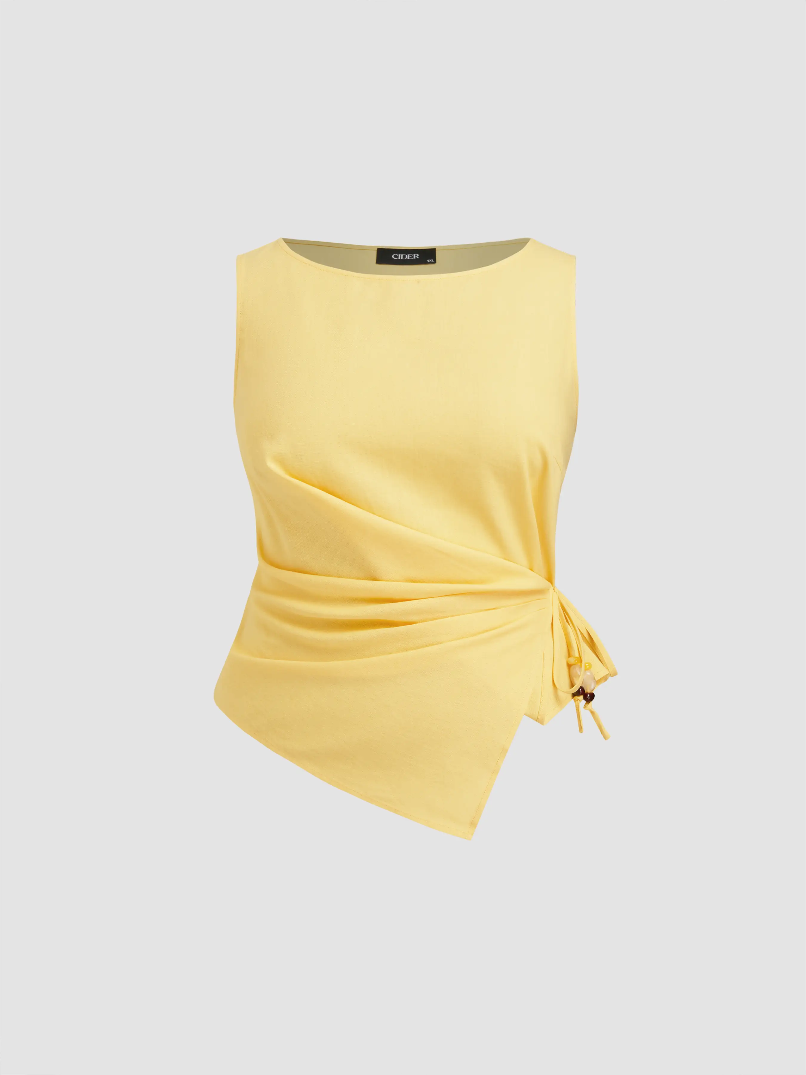 Linen-blend Beaded Knotted Ruched Tank Top Curve & Plus