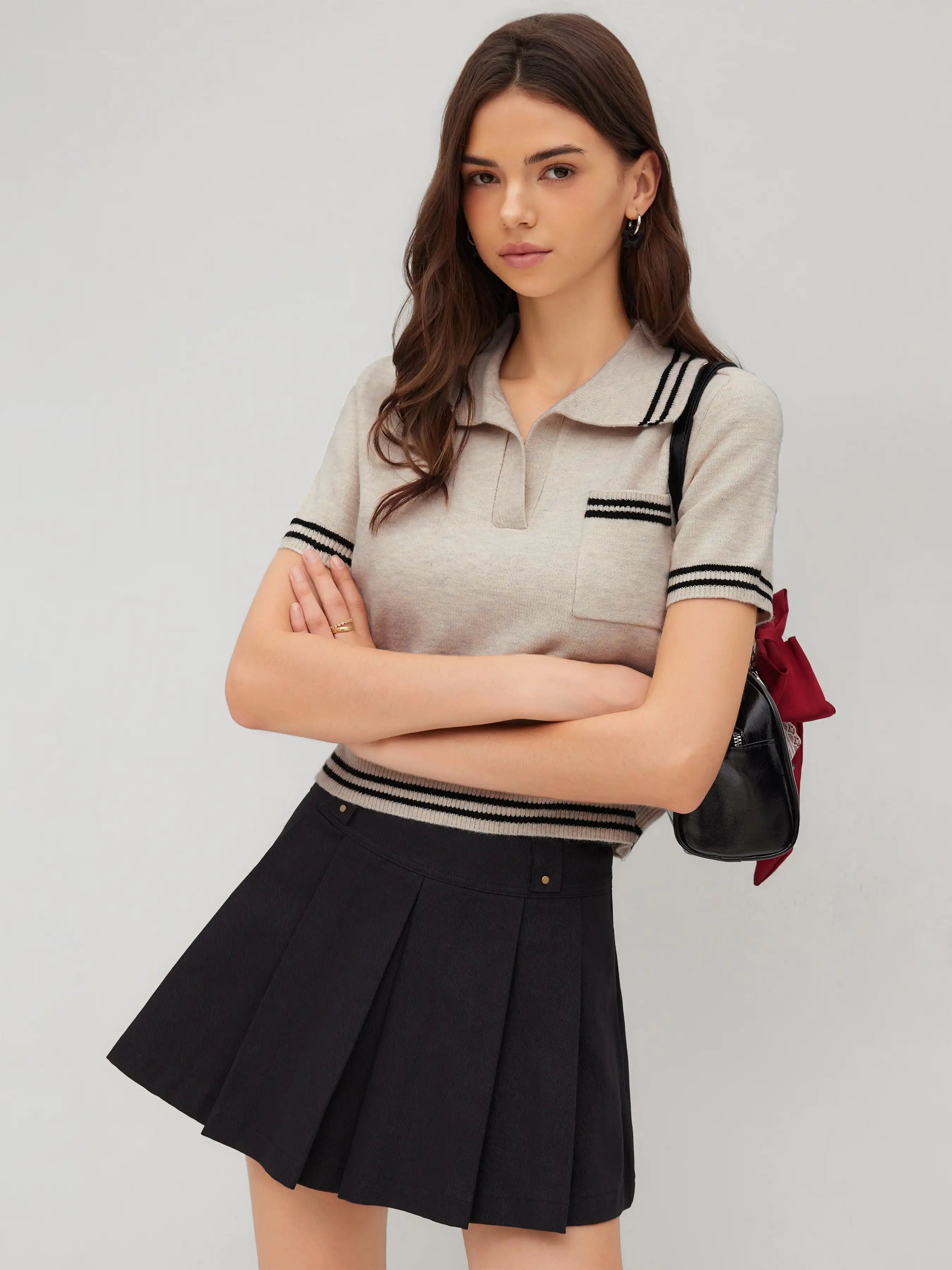 Knit Collar Stripe Short Sleeve Top