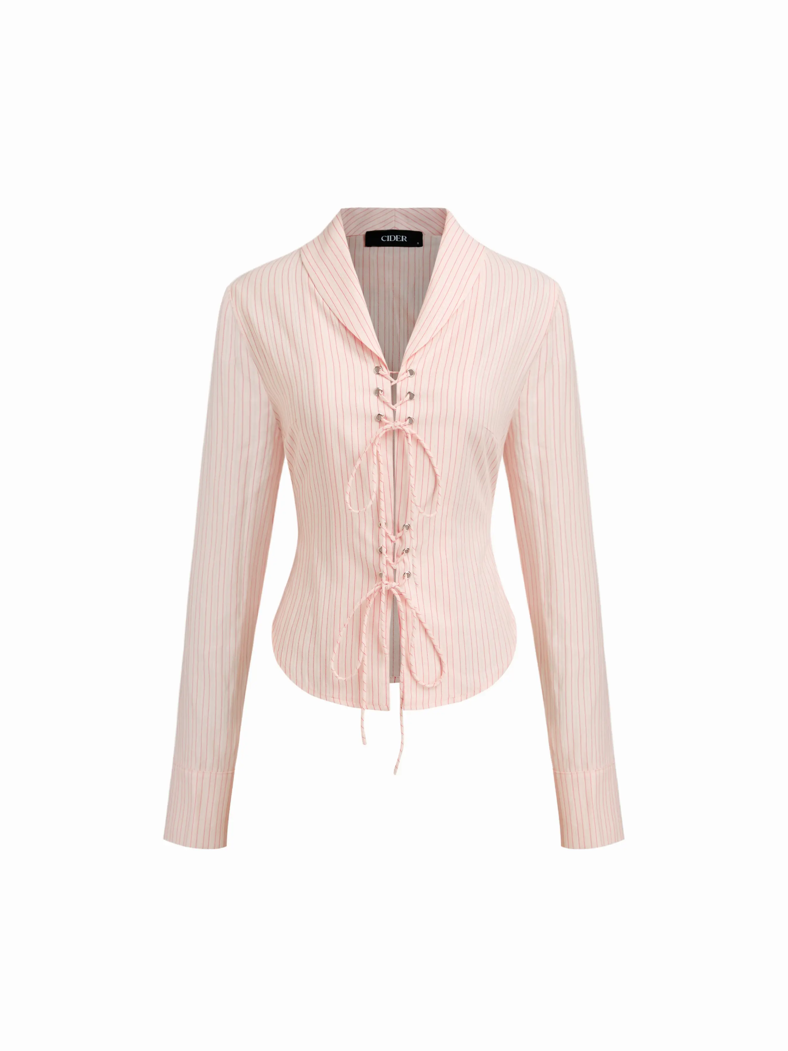 Cotton-blend Collar Stripe Lace Up Tie Front Long Sleeve Shirt