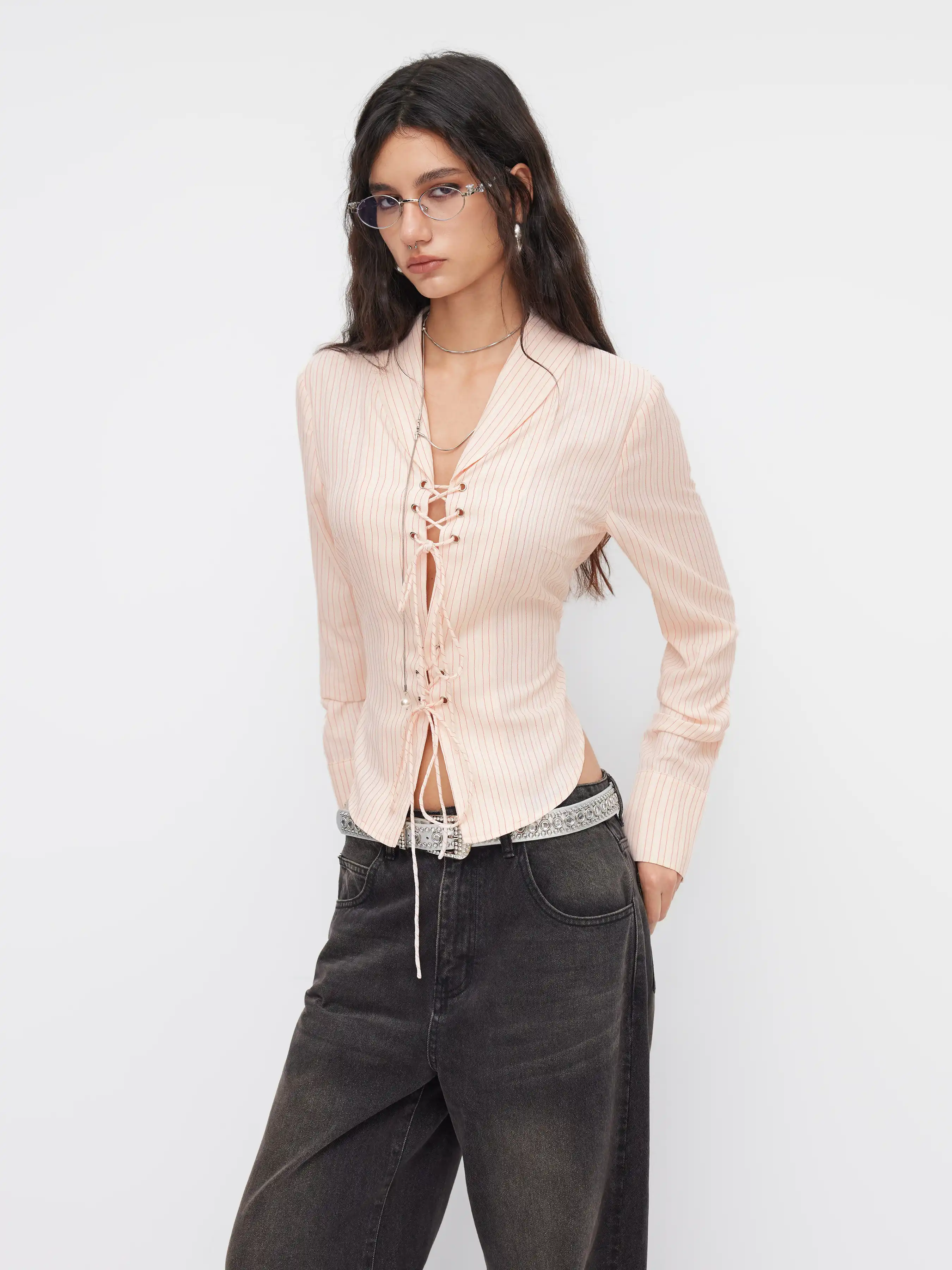 Cotton-blend Collar Stripe Lace Up Tie Front Long Sleeve Shirt