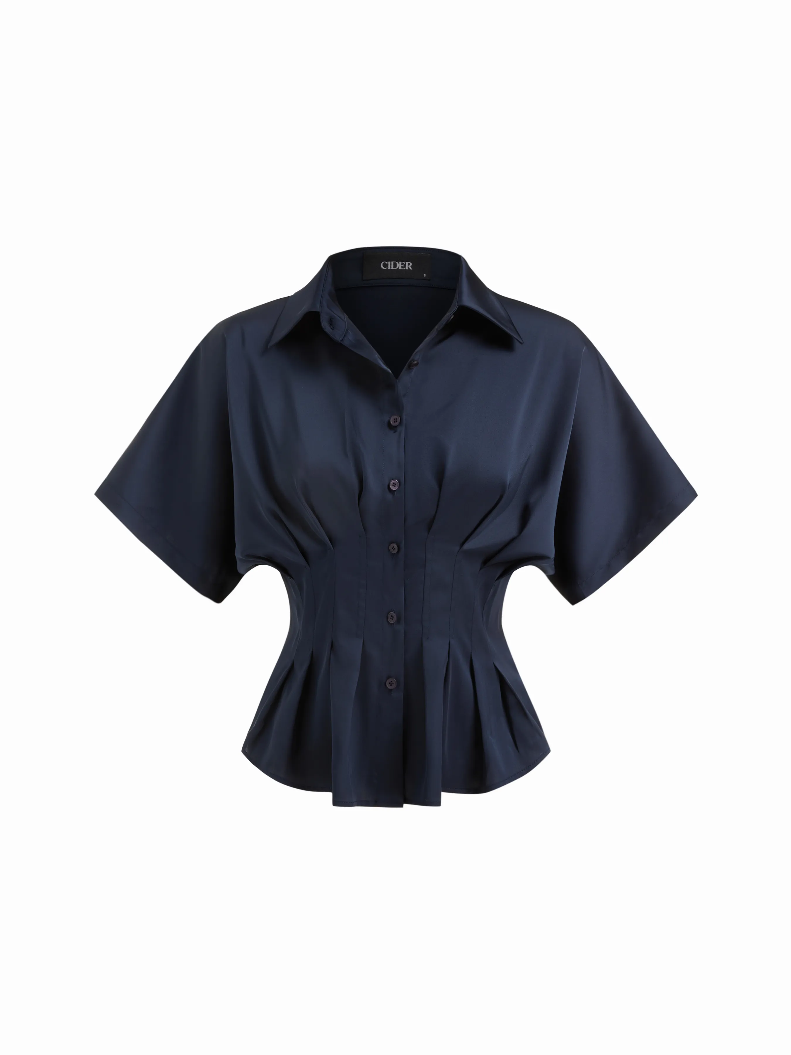 Satin Collar Pleated Cinched Short Sleeve Shirt