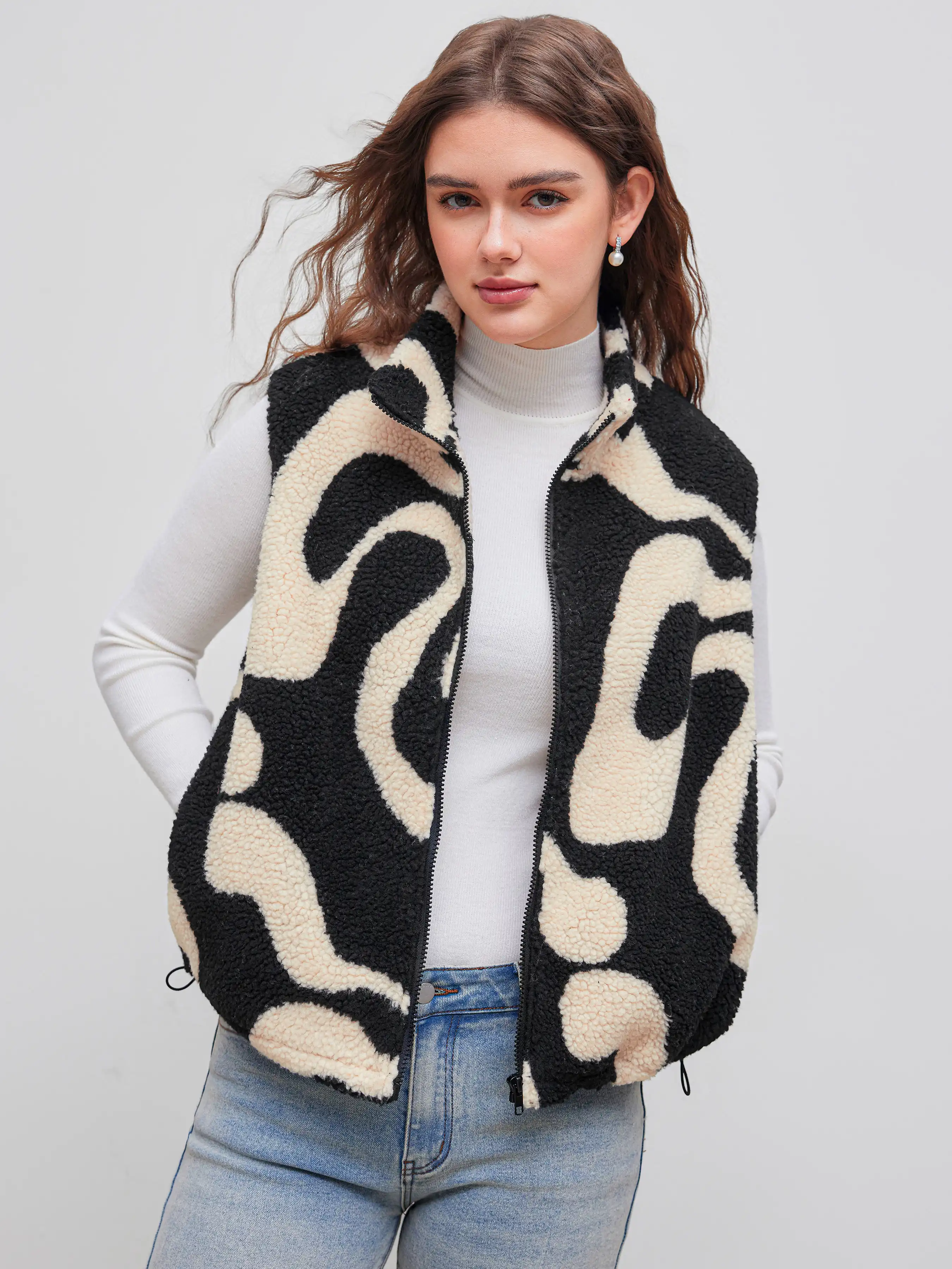 Fleece High Neck Geometric Puffer Vest