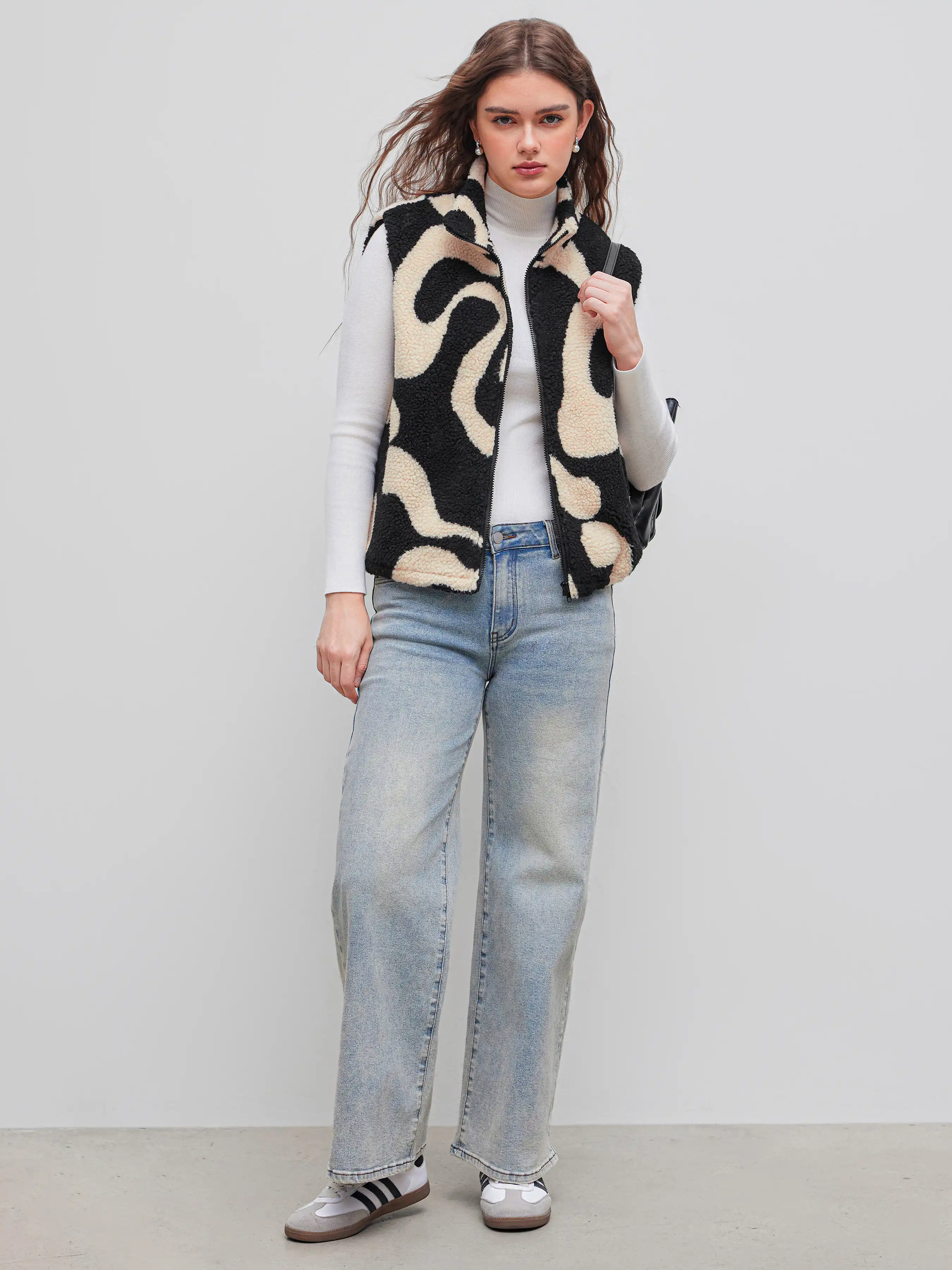 Fleece High Neck Geometric Puffer Vest