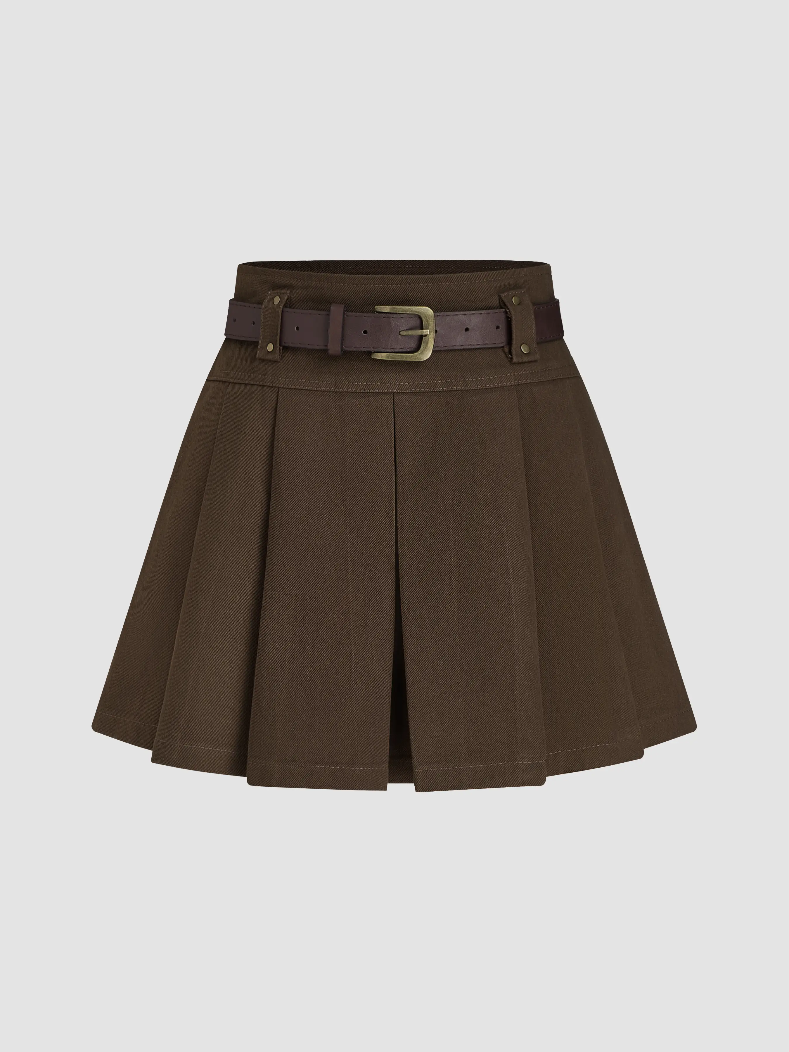 Mid Waist Solid Pleated Skort with Belt
