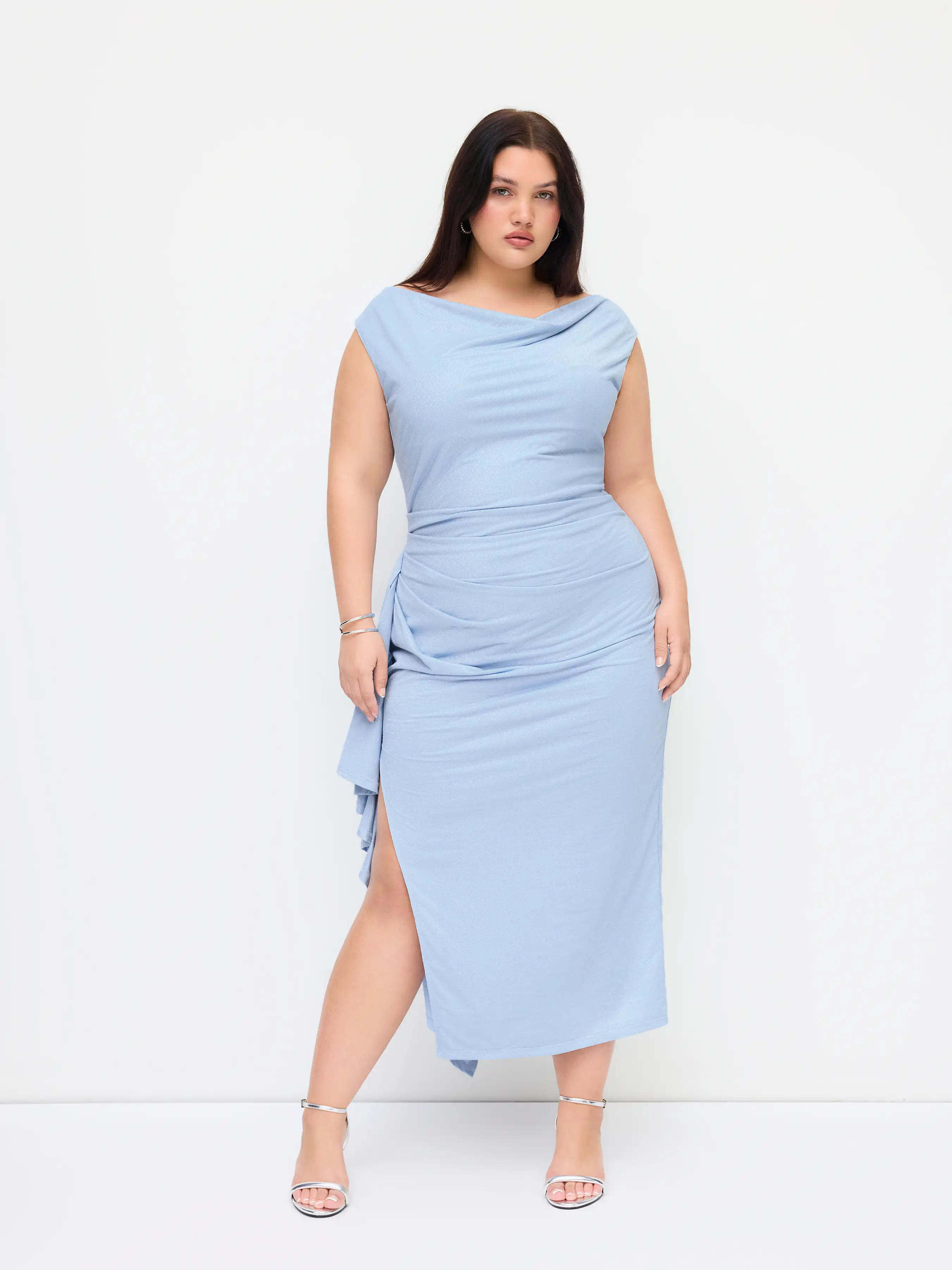 Cowl Neck Ruffle Hem Split Backless Maxi Dress Curve & Plus