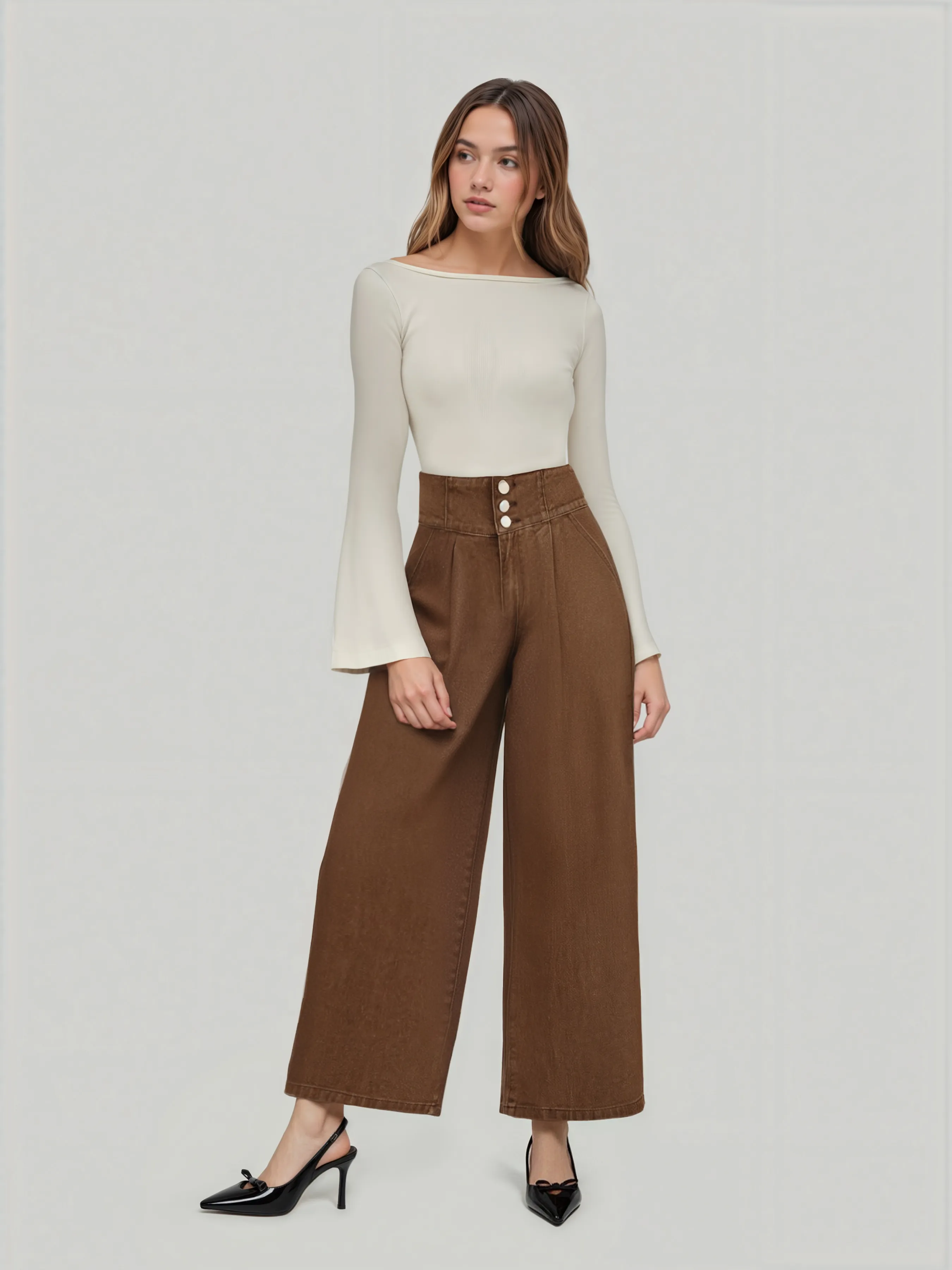 Denim Mid Waist Solid Wide Leg Jeans